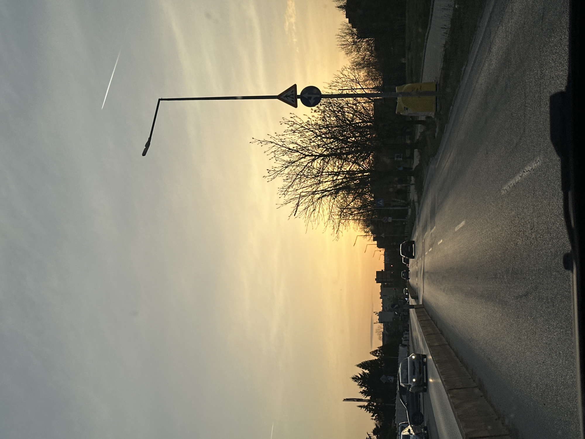 The image shows a view from a vehicle driving on a multi-lane road in Sofia, Bulgaria, possibly along Tsarigradsko Shose. The scene is captured during sunset or sunrise, evident by the warm, golden hues in the sky. A contrail from an aircraft is visible in the upper left. A street lamp and road signs are on the right side of the road. The trees are bare, indicating it might be late autumn or winter. There are several cars on the road. A yellow municipal bin is near the tree. Buildings can be seen in the distance.