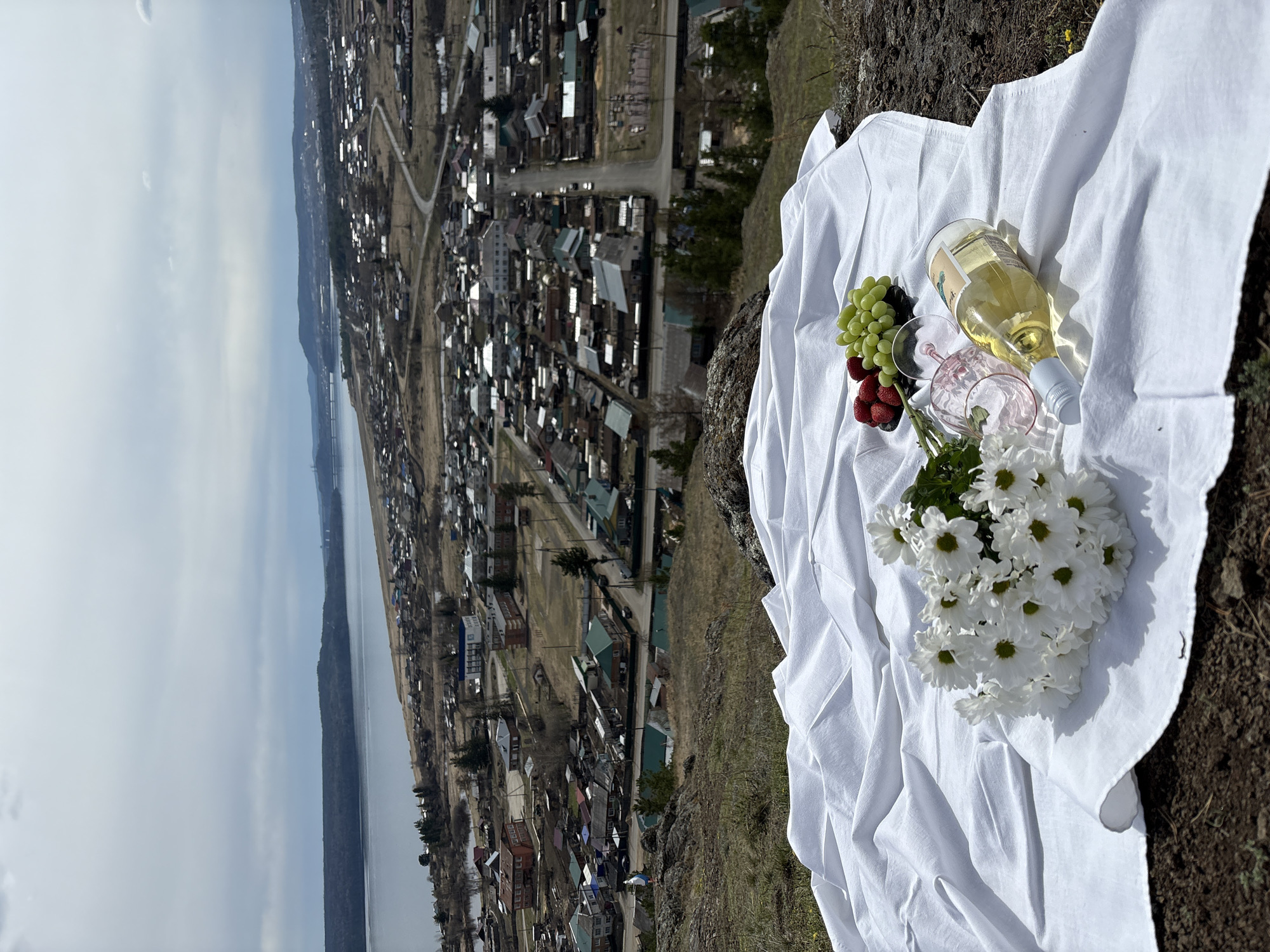 A high-angle, outdoor shot shows a picnic setup on the edge of a cliff overlooking a small town. The picnic consists of a white cloth spread on the ground, on which are arranged a bottle of white wine, two pink-tinted glasses, a cluster of green grapes and strawberries, and a bouquet of white daisies. In the background is the town of Невон, Russia, with a mix of small houses and buildings. Further in the distance are bodies of water and low hills under a partly cloudy sky.