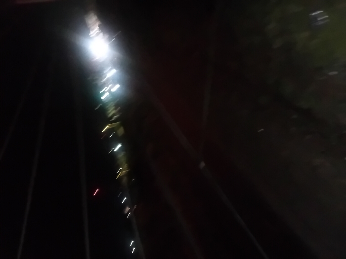 A blurry, abstract night scene with elongated streaks of light. The lights appear to be strung along a vertical axis, with the brightest light at the top. Dark vertical lines suggest cables or supports. A dark, out-of-focus area on the right hints at trees or dense foliage. The overall impression is one of movement and nighttime illumination, possibly a bridge or urban scene captured with a long exposure.