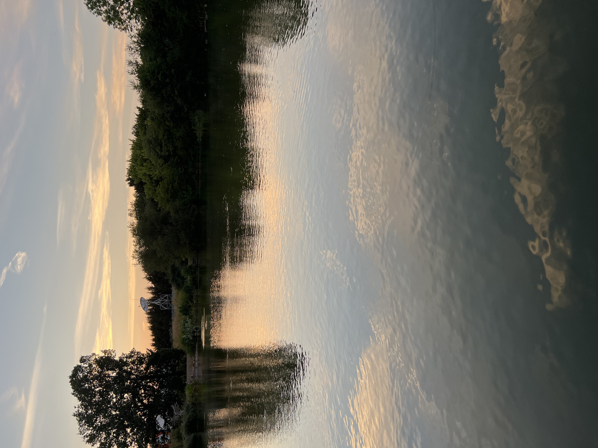 A wide shot captures a tranquil body of water reflecting the soft hues of a sunset sky. Dense, dark green trees line the far bank, punctuated by a single, large, dark tree on the left, silhouetted against the illuminated sky. A distant satellite dish on a metal structure is visible amongst the trees on the left. The water's surface is disturbed by gentle ripples, creating abstract patterns of light and shadow. Wisps of clouds drift across the pale orange and blue sky. The scene is serene and devoid of human activity. It's highly unlikely this scene is in Guildford, United Kingdom, as the landscape does not match typical Guildford topography and vegetation.