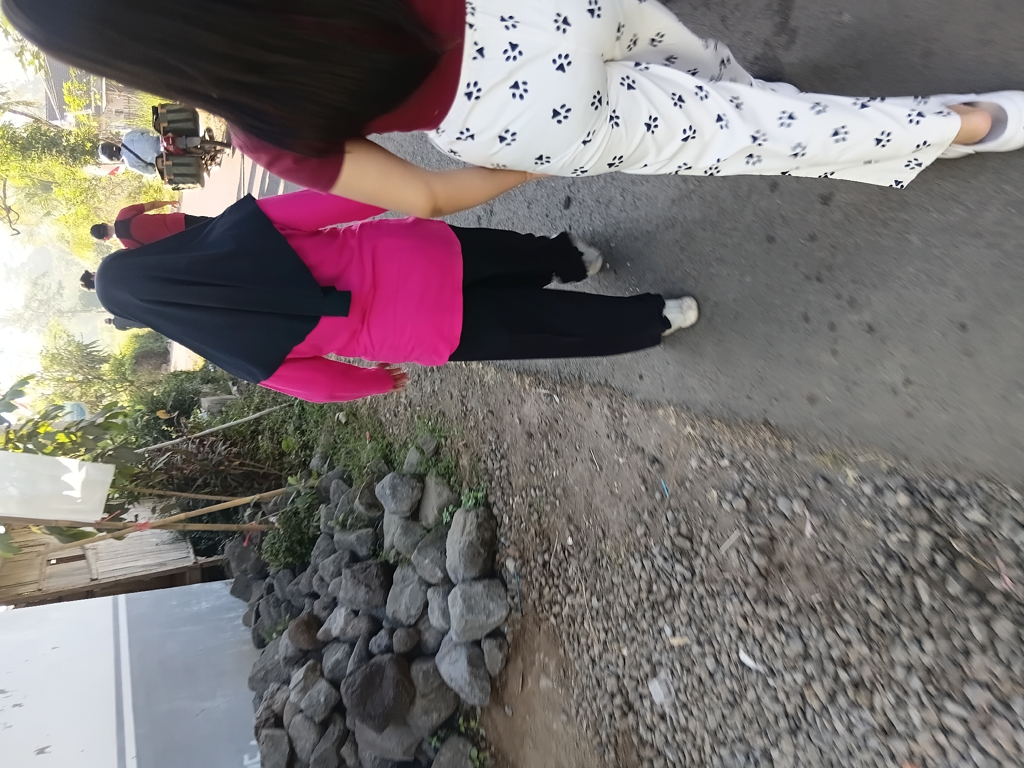 In Tanggul Wetan, Indonesia, two individuals walk along a paved road. The person in the foreground, from the back, wears a dark maroon t-shirt and white pants with a black paw print pattern. To their left, another person, also seen from behind, is dressed in a bright pink long-sleeved shirt and black pants, with a black hijab covering their head.
The environment suggests a rural or semi-rural setting. To the left of the road, a pile of grey rocks is visible, with a simple building made of wood and bamboo in the background. Vegetation, including trees and bushes, lines the right side of the road, with more trees and structures, possibly houses, visible further in the distance. The sky is bright, indicating daytime, with sunlight illuminating the scene. Other figures and a motorcycle can be seen further down the road, suggesting the presence of other people or activity.