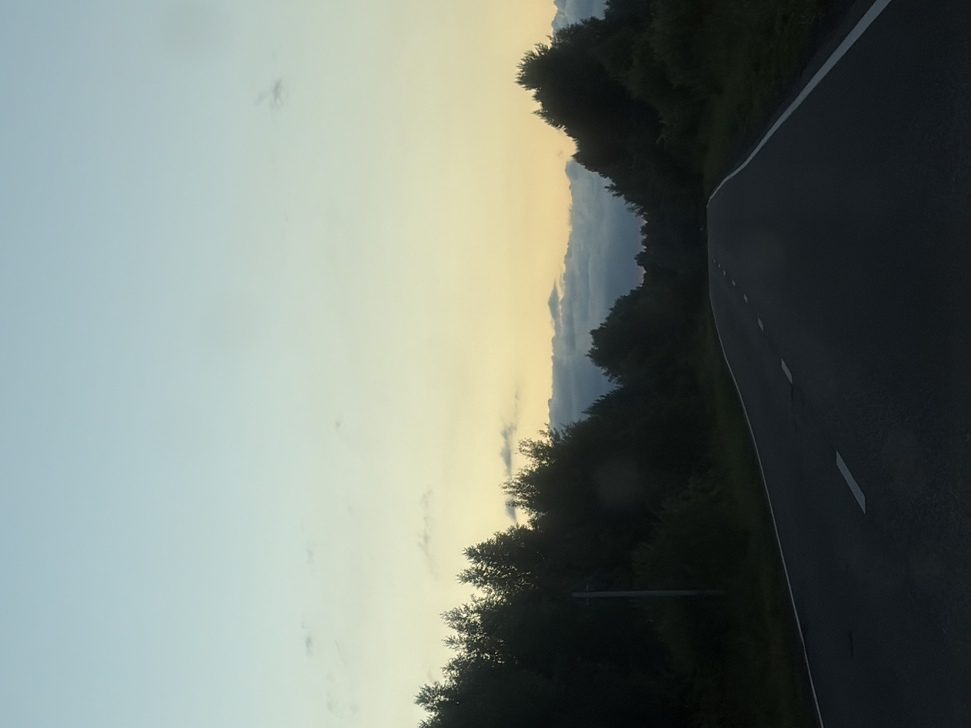 The image depicts a road curving to the right, bordered by dark green trees on both sides. The road surface is asphalt with white dashed lane markings. The sky is a pale yellow at the horizon, transitioning to a light blue at the top of the frame. Scattered clouds are visible in the sky. The trees on the left appear dense and shadowy, suggesting it is either early morning or late evening. The overall scene suggests a quiet, natural setting, possibly a rural road in Russia. There are no people or specific objects visible, other than the road and trees. The light suggests the time of day is either dawn or dusk. There is no visible text in the image.