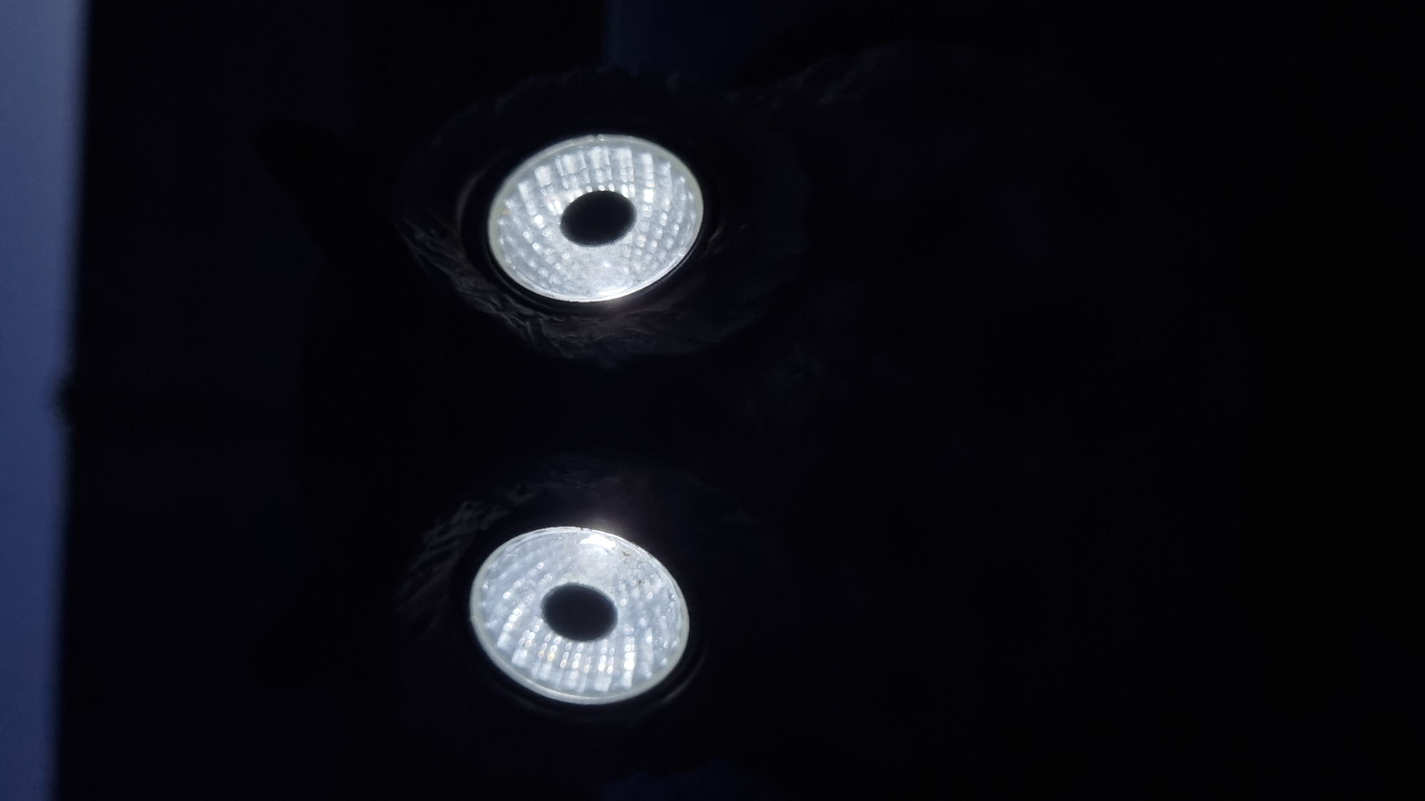 The image is a close-up, low-light shot of what appear to be two glowing solar-powered garden lights, resembling eyes, set against a dark background. The lights are circular with a textured surface and a central dark circular opening. They are positioned side-by-side, suggesting they are part of a decorative element, possibly an outdoor fixture or lawn ornament. The overall scene is dark, with the only illumination coming from the lights themselves and a faint blueish hue at the top of the image, suggesting a twilight or night sky. The setting is described as Vysokoe, Russia, though no specific urban features are visible in the frame.
