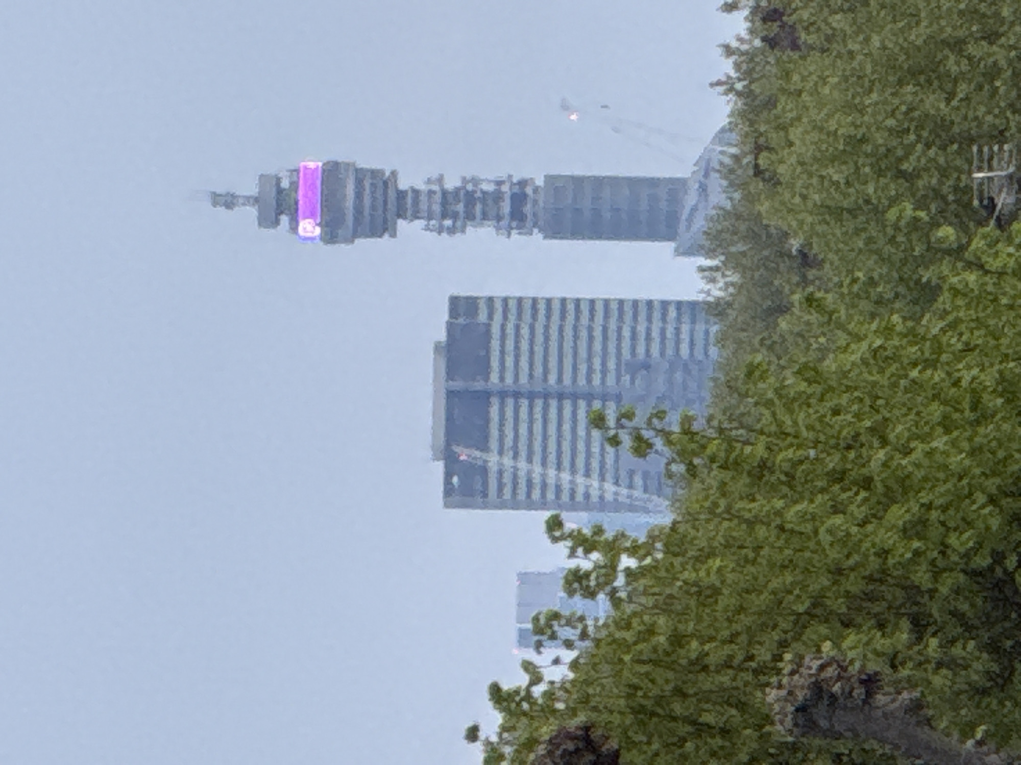 This image captures a view in London, United Kingdom, featuring the BT Tower. The tower, recognizable by its structure and illuminated purple band, is positioned towards the left side of the frame. Adjacent to the tower is a high-rise building with a visible construction crane nearby. The foreground consists of a dense tree canopy, partially obscuring the buildings. The overall environmental conditions appear overcast.
