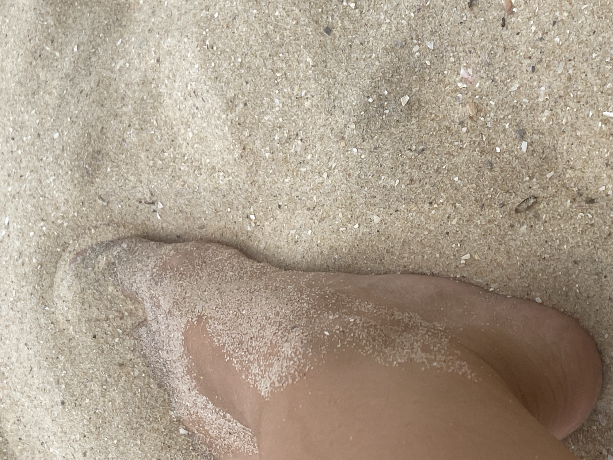 A close-up, eye-level shot shows a person's left foot partially submerged in coarse, light-brown sand. The foot is covered in sand, particularly on the top and around the ankle. The skin is a light tan color. The sand itself is a mixture of grains and small shell fragments. The background is entirely composed of this sand, creating a textured, monochromatic environment. The scene is likely from the sandy beaches of Mũi Né, Vietnam.