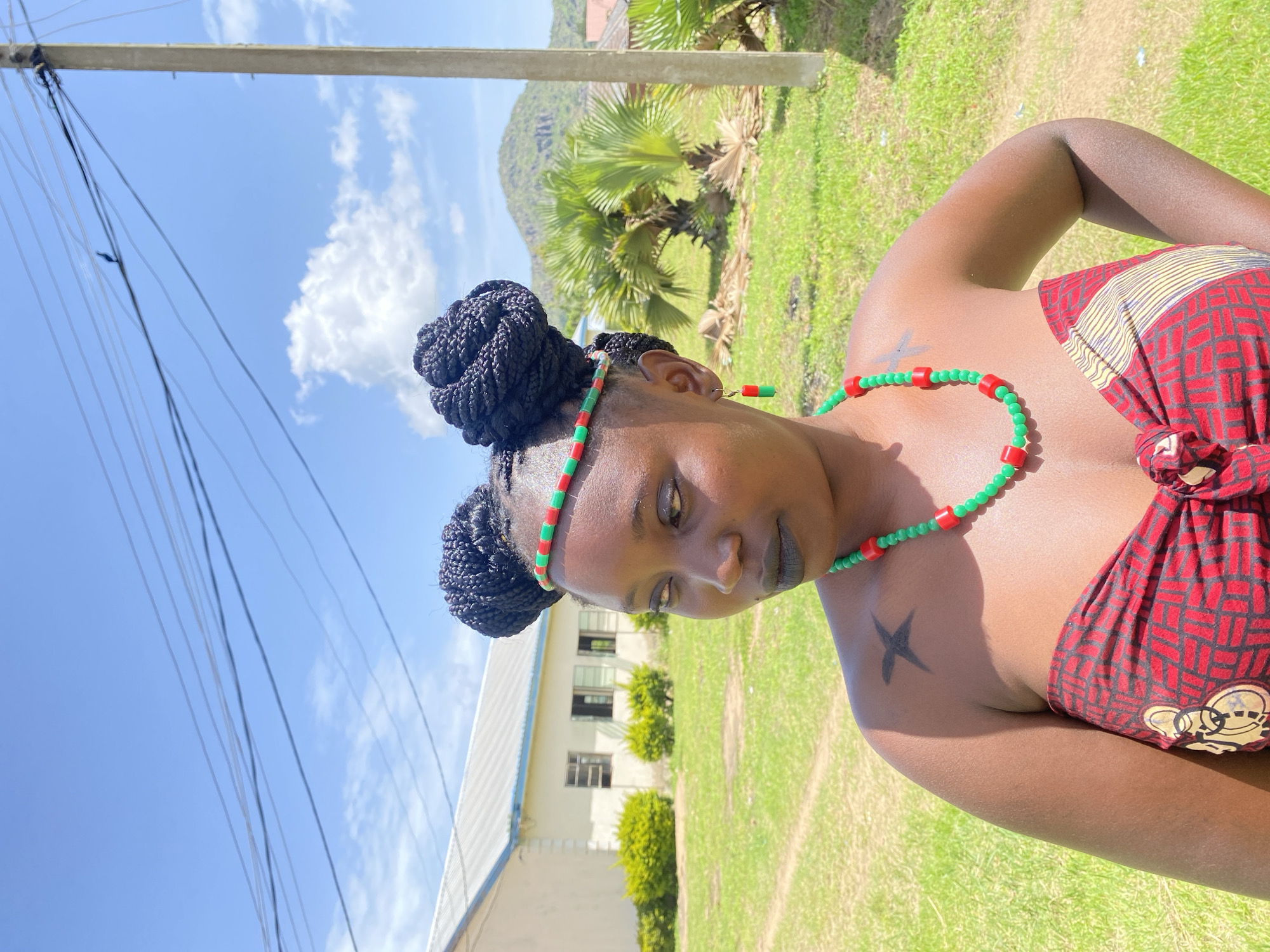 A young Black woman with dark skin, black braided hair styled into two buns, and black lipstick stands outdoors. She is wearing a red and black patterned wrap top, a green and red beaded necklace, and a matching green and red beaded headband. She also has a green and red beaded earring. There is a small black X-shaped tattoo on her left shoulder. She is looking to her left.
In the background, there is a light-colored building with a metal roof and several windows. Green bushes are planted in front of the building. A grassy area is visible in the foreground and extends into the background. In the distance, there are palm trees and a gently sloping hill. The sky is blue with scattered white clouds. Telephone wires are visible stretched across the sky. The scene is lit by bright sunlight.
The image does not provide information that places the location specifically in the city of Wang, Nigeria.