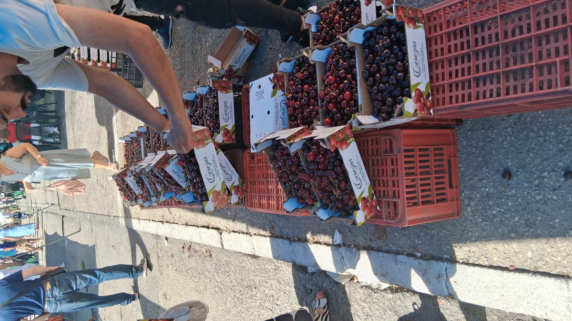 An overhead shot captures a street market scene in Setúbal, Portugal, dominated by crates of cherries. In the foreground, a person wearing a black t-shirt and ripped black jeans is leaning over to arrange boxes of cherries. To the left, a person in a blue t-shirt and jeans is walking away from the camera, their back to the viewer. Further back, other individuals are visible amidst a marketplace setting. The ground is paved and the scene is bathed in daylight, casting shadows from overhead structures onto the ground. The focus is on the abundant display of fresh cherries, suggesting a vibrant local market.