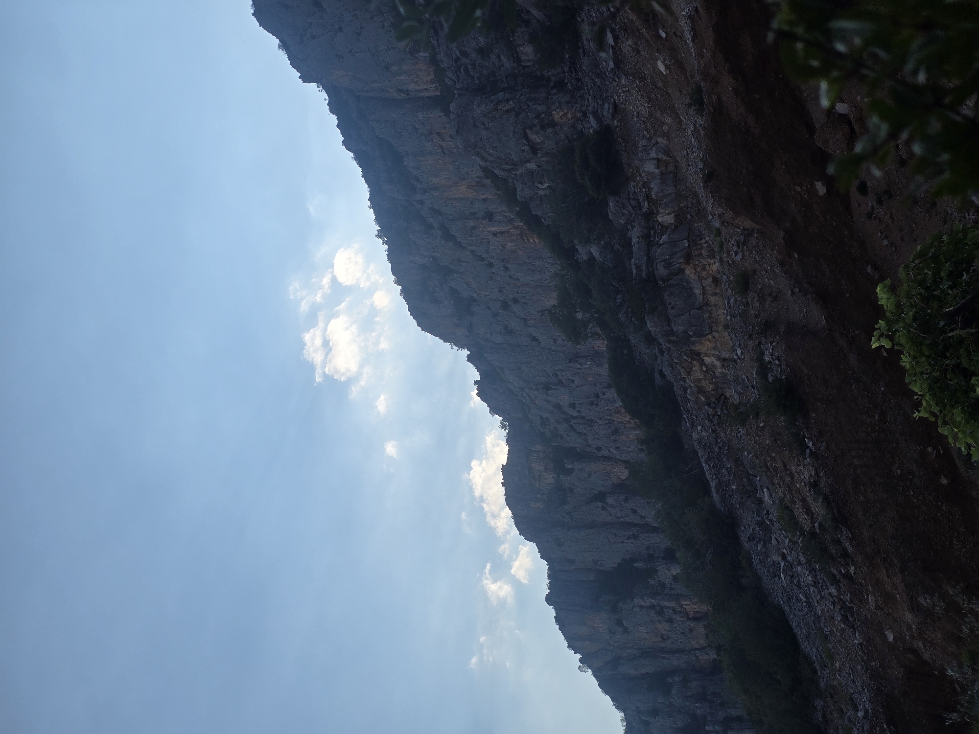 The image depicts a steep, rocky mountainside under a partly cloudy sky. The mountain face is predominantly gray with streaks of lighter and darker rock, showing a rugged and weathered texture. Patches of green vegetation, including trees and shrubs, are scattered across the slope, clinging to ledges and crevices. The lower part of the image shows a scree slope with loose rocks and dark soil, with some foliage in the foreground. The sky is a pale blue with scattered white clouds, some of which are illuminated by sunlight. The scene is natural and undeveloped, suggesting a wilderness area rather than a developed urban setting. This location is likely outside the main urban area of Podgorica, Montenegro, possibly in the surrounding mountainous terrain. There are no people or man-made structures visible in the image.