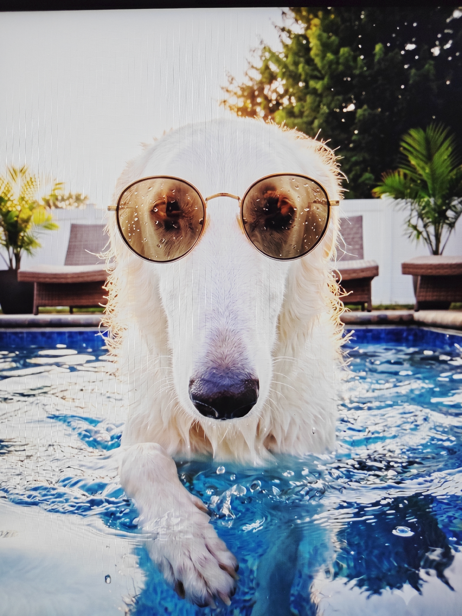 A Borzoi dog, wearing round, gold-rimmed sunglasses, is partially submerged in a swimming pool. The dog's fur is wet and appears lighter around its face, with some strands sticking out. The sunglasses have water droplets on them, reflecting the dog's eyes and the surroundings. The dog's nose is dark and wet. The water in the pool is blue and clear, with ripples and bubbles visible. In the background, there are lounge chairs and potted plants, suggesting an outdoor setting, possibly a backyard or a resort. The lighting suggests it is daytime, with the sun casting a warm glow.
