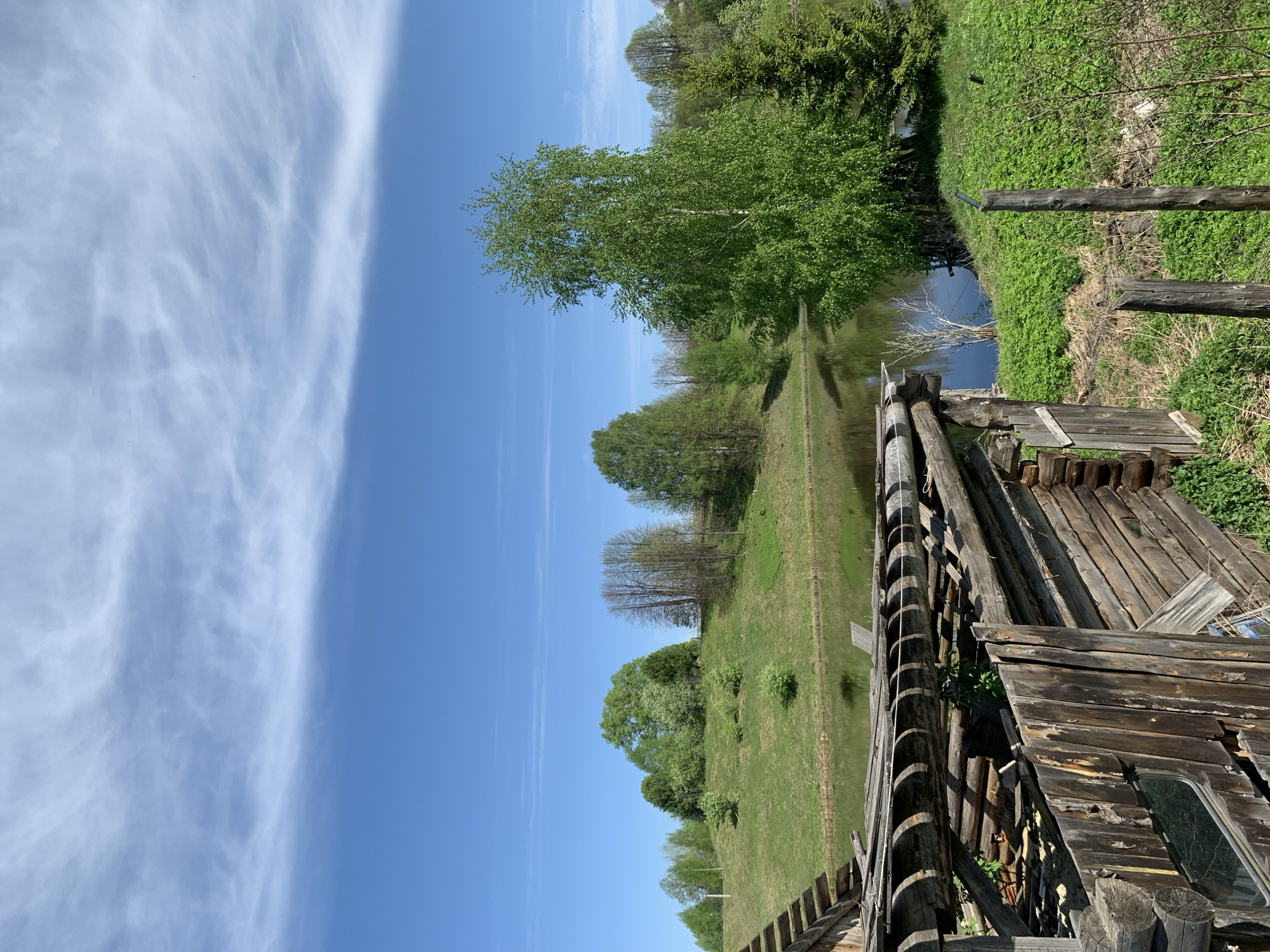 The image presents a rural scene in Zasechnyi, Russia. A long, narrow body of water, possibly a river or canal, stretches into the distance, reflecting the sky and surrounding trees. The sky is predominantly blue with wispy white clouds dominating the left side of the frame. The riverbank is lined with lush green vegetation and trees.
To the right, the frame is dominated by a dilapidated wooden structure, likely an old building or mill. The wood is weathered and worn, showing signs of age and disrepair. A window is visible in the structure, revealing interior details. The overall scene conveys a sense of tranquility and rustic charm, with a focus on the natural environment and the remnants of traditional architecture.
