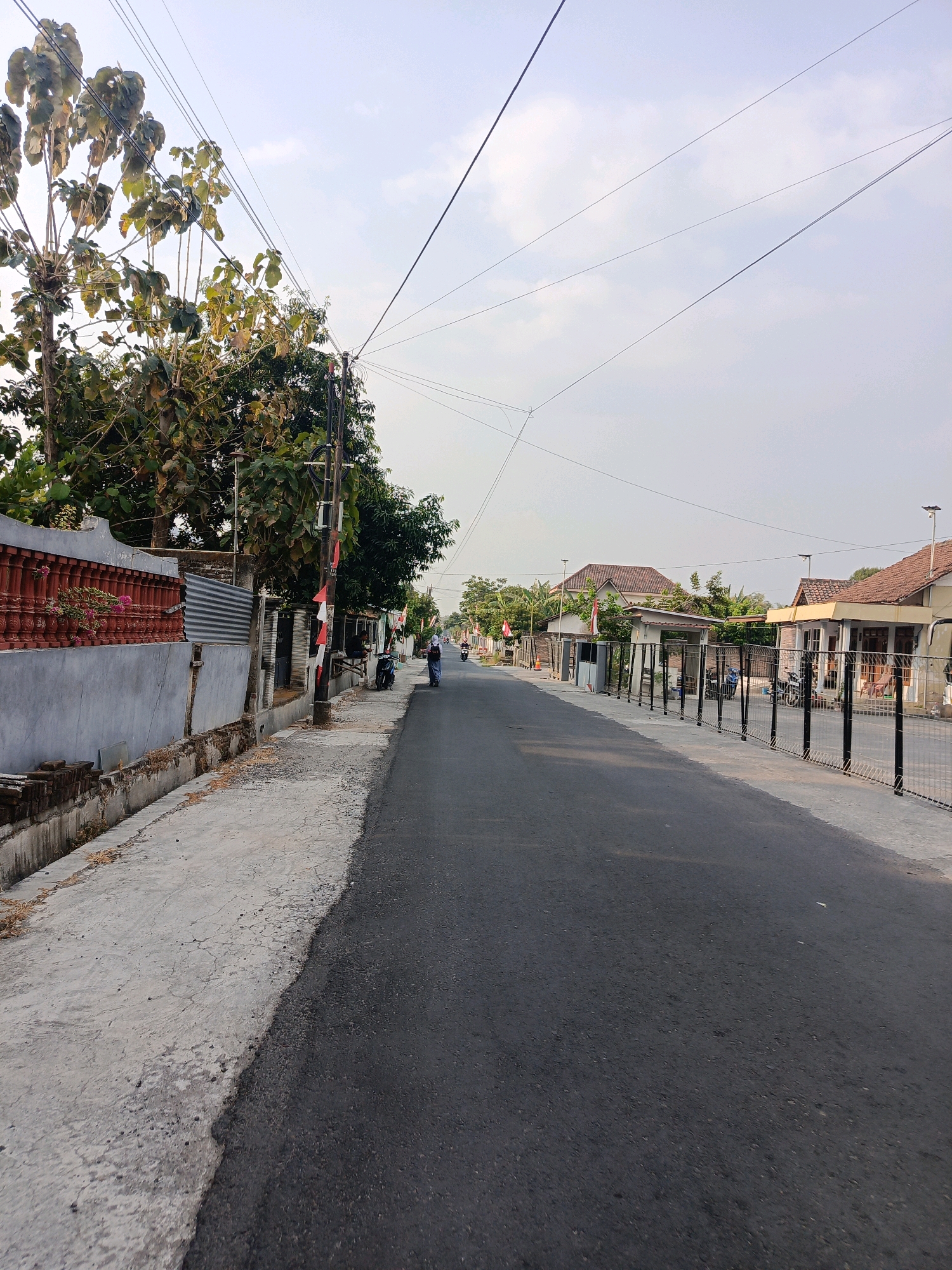 The image depicts a residential street in Pandeyan, Indonesia. A paved road runs through the center, with a concrete sidewalk on the left and a metal fence bordering properties on the right. Several houses with tiled roofs are visible along the street, interspersed with trees and utility poles. A person on a scooter is riding down the road, and another individual is walking on the sidewalk. Indonesian flags are displayed on poles along the street. The sky is overcast with a few scattered clouds. The overall scene suggests a quiet, ordinary day in a suburban area.