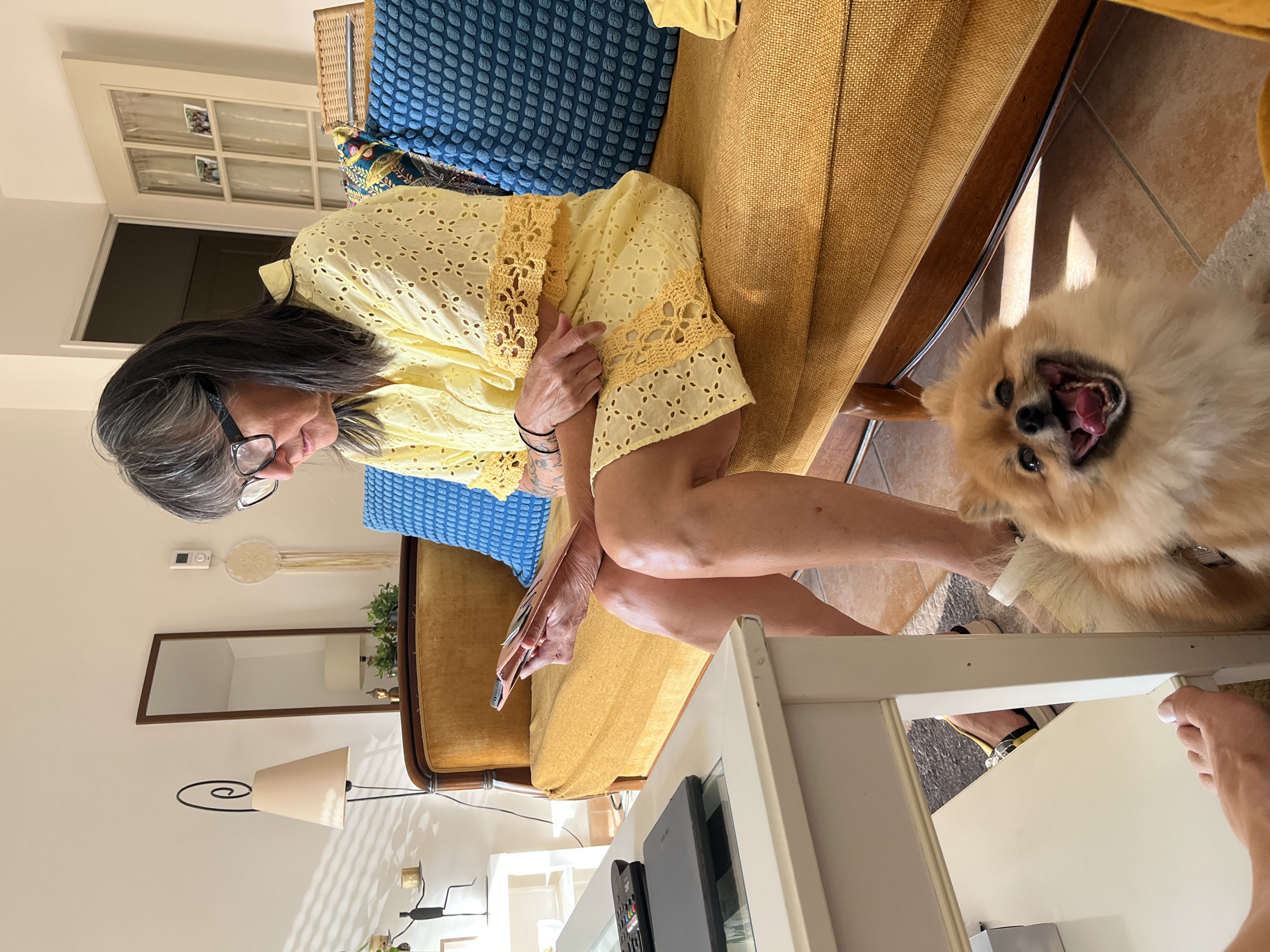 In Montélimar, France, a woman with graying hair and glasses sits on a mustard-yellow couch, holding a mobile device. She wears a yellow eyelet dress with crochet trim. Beside her are two large, textured blue cushions. In the foreground, a small, fluffy Pomeranian dog with its mouth open in a wide smile sits on the floor. A white coffee table is to the left, with a black tablet and remote control on it. The room has tiled flooring and is lit by natural light, casting shadows. A tall mirror hangs on the wall in the background, reflecting a lamp. A door with glass panes is visible to the right.
