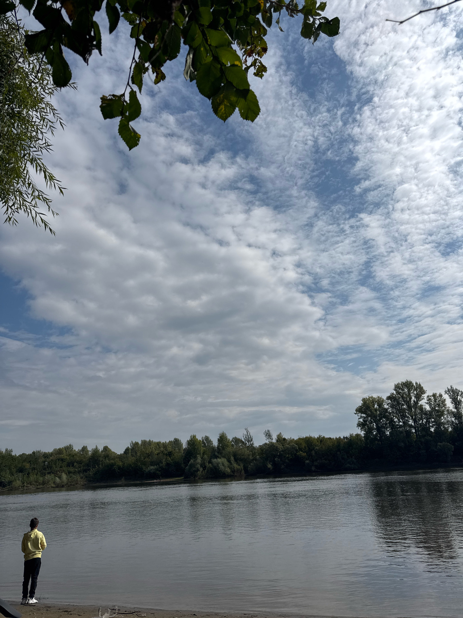 The image depicts a wide river with a tree-lined bank on the opposite side. The sky is partly cloudy with patches of blue. In the foreground, a person wearing a yellow hoodie and dark pants stands on a sandy bank, facing the river. Leaves from overhanging trees frame the top of the image. The scene appears to be a natural setting, possibly a park or recreational area along the river. The specific location in Ufa, Russia, cannot be determined from the visual information provided in the image.