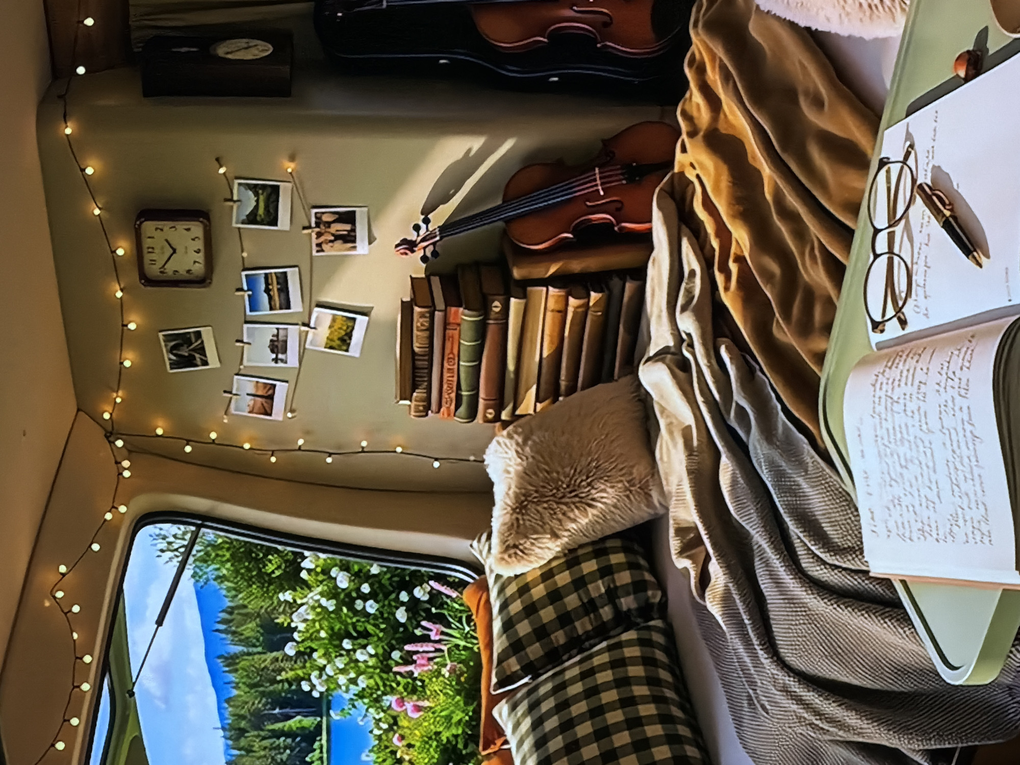 This image depicts a cozy, art-filled interior space, likely within a camper van or a small mobile dwelling, designed for comfort and creative pursuits.
The scene is dominated by elements of reading and music. An extensive collection of books lines a shelf, with a violin resting on top of some, and another violin in its case mounted higher on the wall. A string of warm fairy lights illuminates the space, casting a soft glow. Below the lights, an analog clock with a dark frame displays approximately 10:10, and a string holds several instant photos or polaroids, depicting various landscapes and scenes.
A comfortable sleeping or lounging area features a fluffy pillow, two green and white checkered pillows, and a variety of blankets and throws in warm, earthy tones. Adjacent to this, a light green tray or clipboard functions as a workspace, holding a pair of eyeglasses, a pen, and two sheets of paper with handwritten cursive text. An open journal or book is also present on the tray, suggesting writing or reading.
A large window provides a vibrant view of the outdoors. Through it, lush green trees, some with white and pink blossoms, are visible against a clear blue sky, alongside a body of water, possibly a lake or river.
The overall atmosphere is peaceful, artistic, and inviting, suggesting a retreat for someone who enjoys nature, literature, and music. No people are visible. The handwritten text on the papers is not legible.