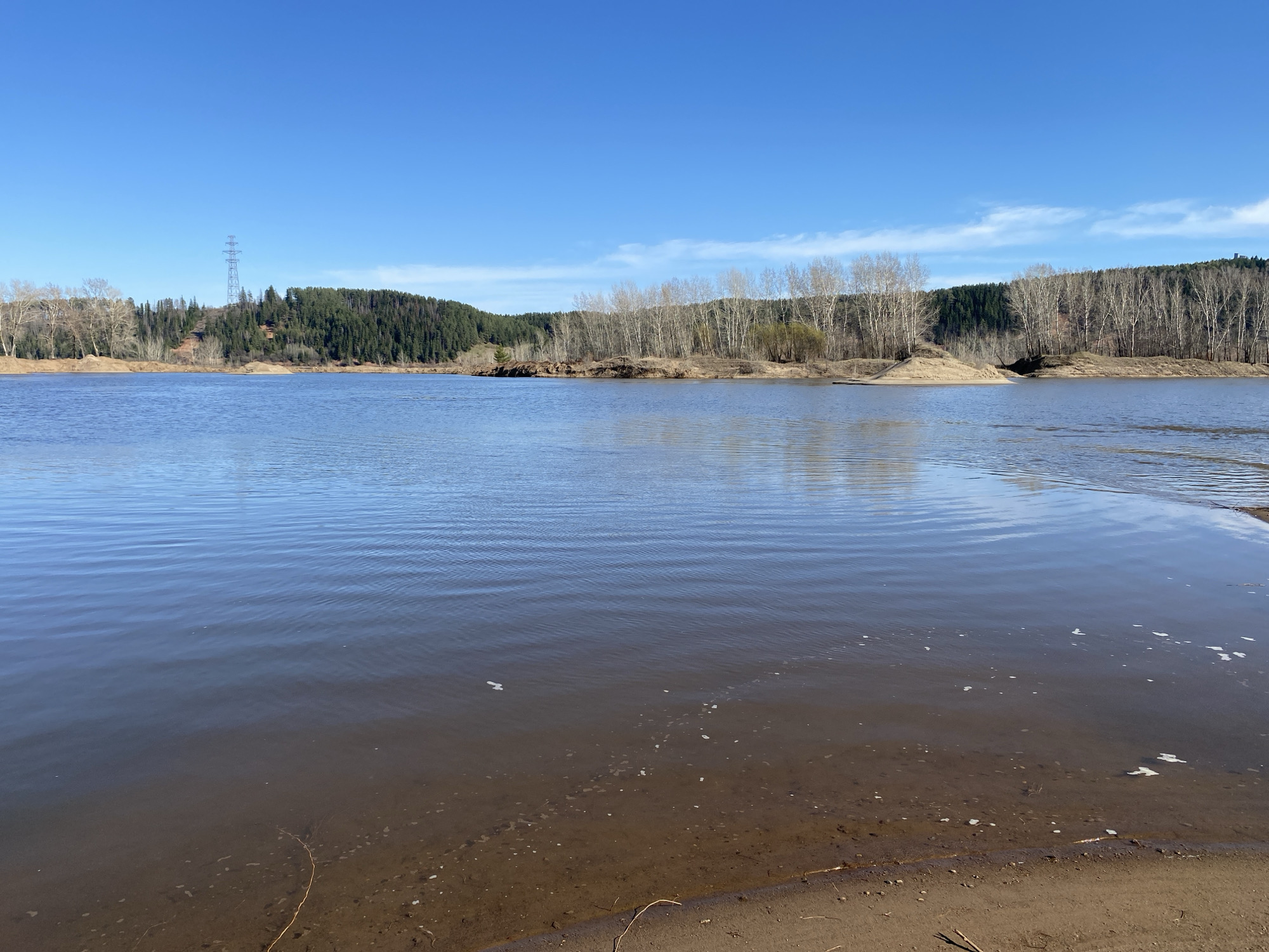 The image depicts a body of water, likely a river or large lake, under a clear blue sky with sparse clouds. The water is slightly rippled. The foreground shows a muddy shoreline with sand and sparse vegetation. Across the water, the opposite bank features a mix of coniferous and deciduous trees. In the distance, a transmission tower is visible on a wooded hill. The general location seems to be in a natural or rural area, possibly near Noviy, Russia. There are no people or animals visible in the image.