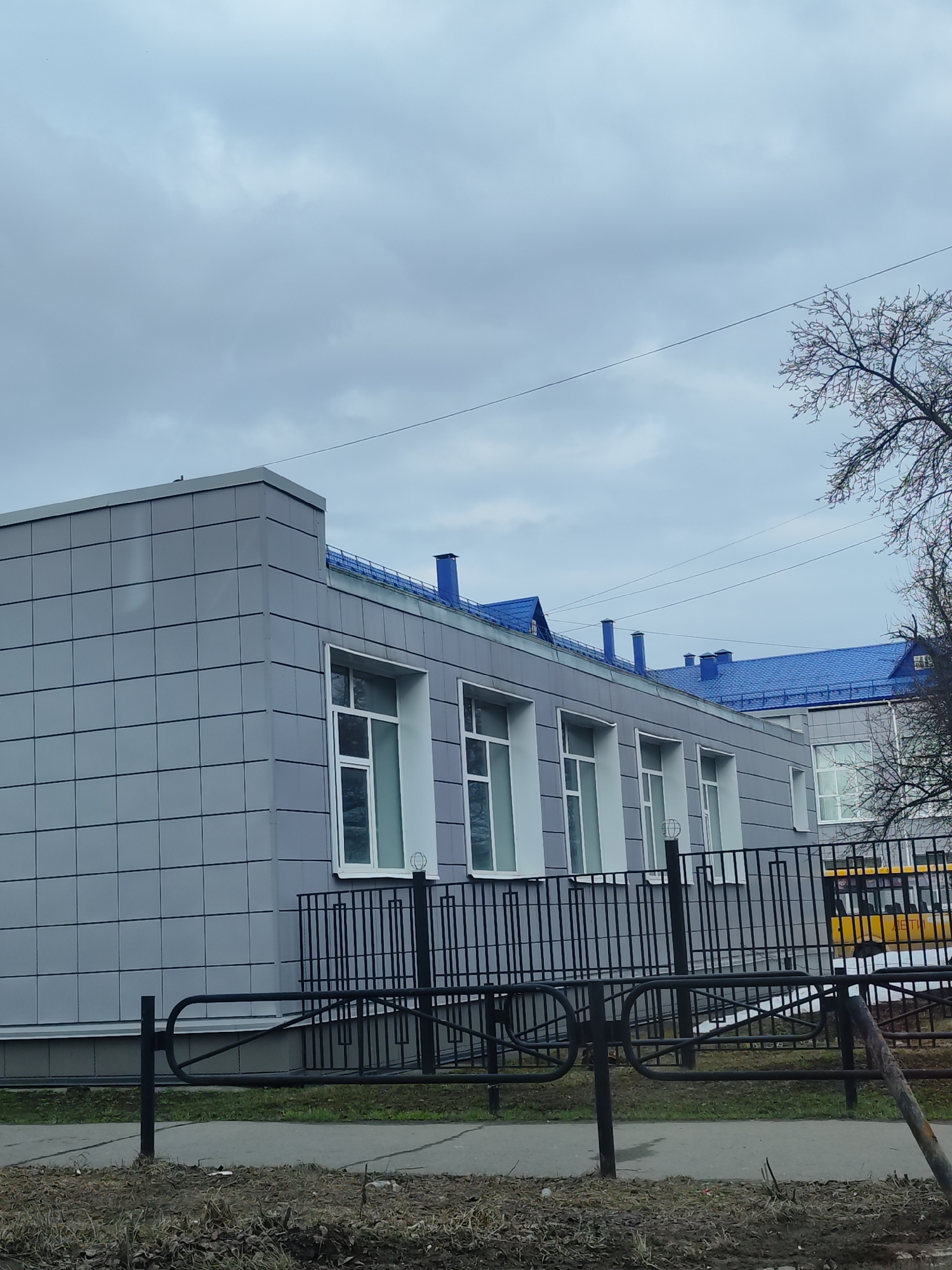 The image depicts a light gray building with a blue roof, located in Chaikovsky, Russia. The building is characterized by a facade composed of square panels and white-framed windows. A black metal fence runs along the front of the building, separating it from a sidewalk and a patch of dirt and sparse vegetation. A yellow vehicle is partially visible behind the fence. The sky is overcast. A bare tree is seen on the right side of the frame. Power lines run across the sky.