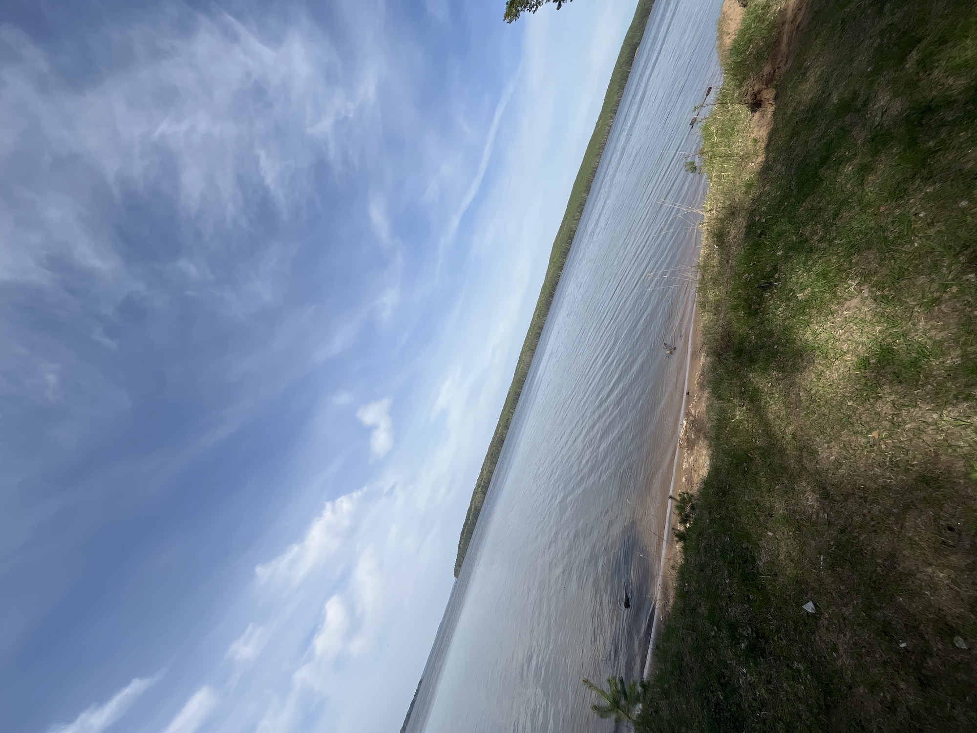 The image depicts a body of water, likely a lake or large river, with a shoreline on the right side. The shoreline is covered in green grass and some sandy areas. A line of trees can be seen on the opposite shore in the distance. The sky is blue with scattered clouds. The photograph appears to be taken from a low angle, close to the ground. Based on the mention of Chaikovsky, Russia, this could be a view of the Kama River or one of the lakes in the region.