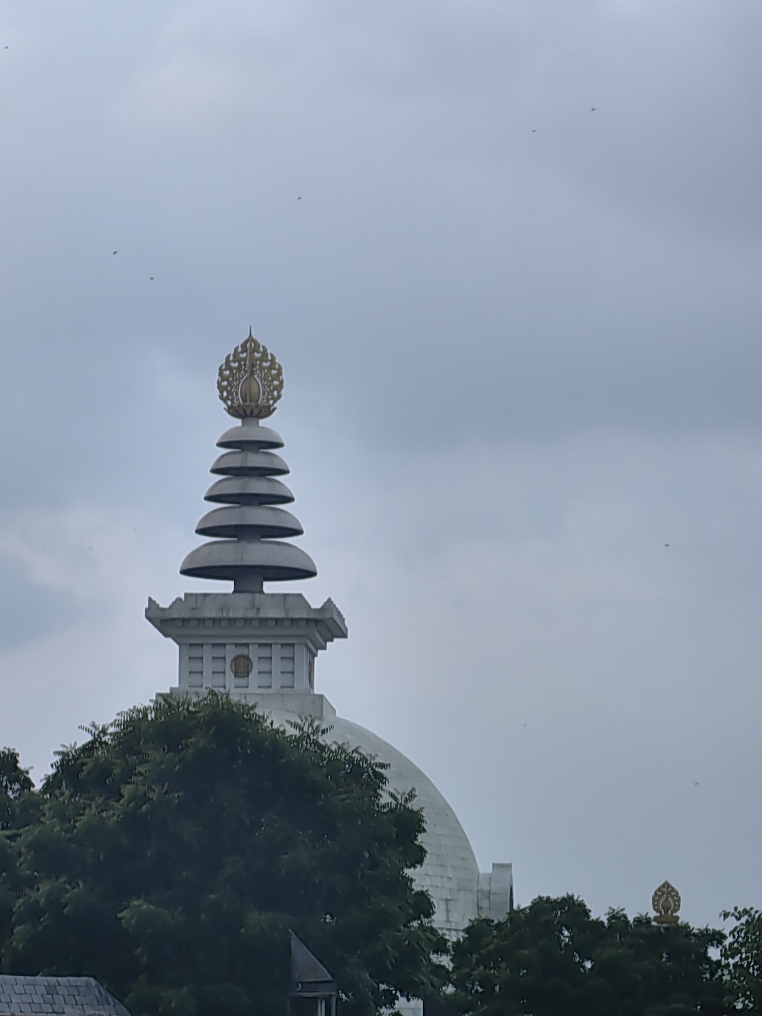 The image shows the Shanti Stupa, also known as the Peace Pagoda, in Delhi, India. The Stupa is a white, domed structure with a tiered roof topped by a golden spire. It is surrounded by lush green trees. The sky is overcast and there are a few birds in the distance. The Shanti Stupa is located on the banks of the River Yamuna in the Indraprastha area of Delhi.