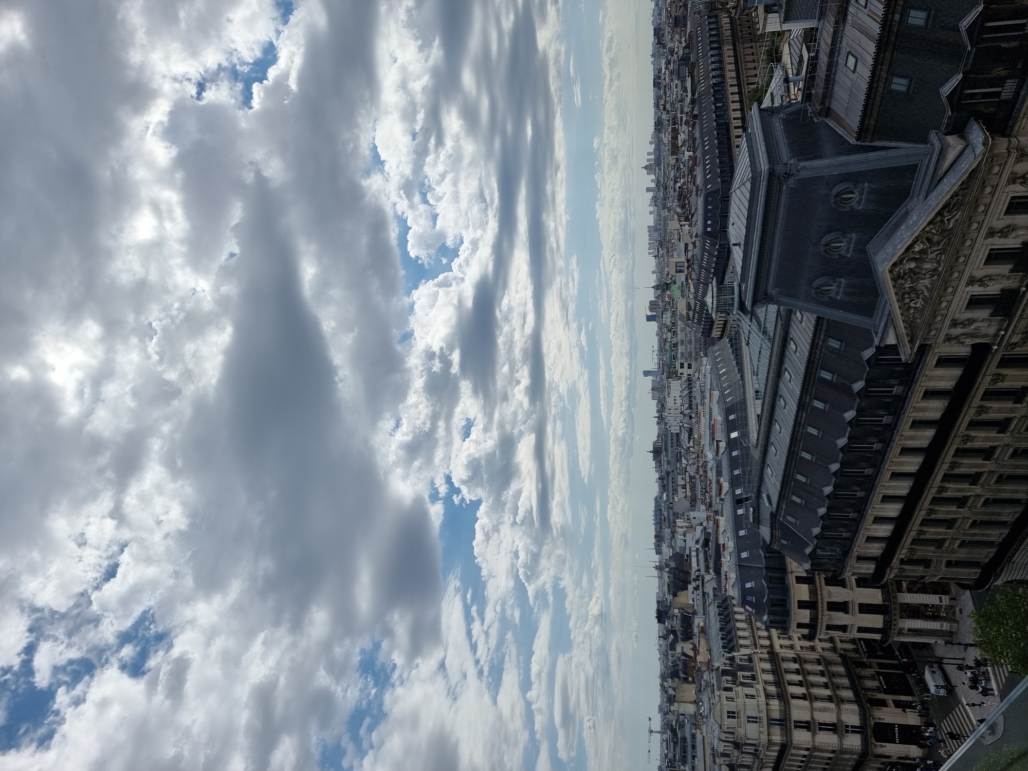 The image shows a cityscape of Paris, France, under a cloudy sky. A large building is visible in the foreground with a dark roof and ornate facade. The street-level contains buildings that are of the traditional Haussmann architectural style. In the background, a vast expanse of Parisian buildings stretches into the distance. The sky is filled with clouds. The time of day appears to be daylight. The picture is taken from an elevated position, providing a panoramic view of the city.