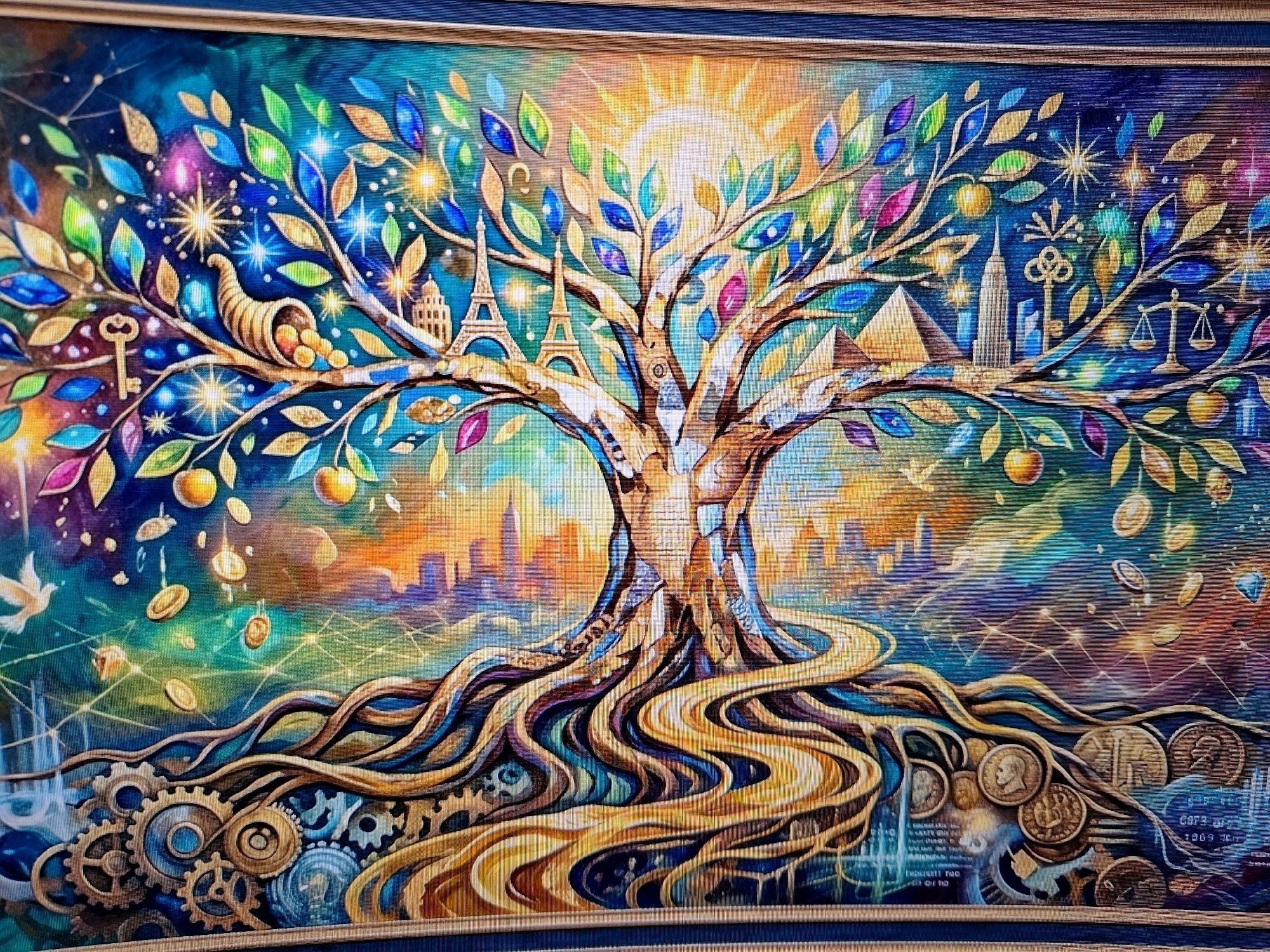 The image is a vibrant, detailed painting depicting a stylized Tree of Life. The tree's trunk and branches are adorned with colorful, gem-like leaves in shades of blue, green, pink, and gold. The roots of the tree are intricately woven and flow into a mechanical landscape of gears and cogs.
Throughout the branches, various symbolic objects are integrated. These include famous landmarks such as the Eiffel Tower, the Empire State Building, and the Great Pyramid of Giza. There are also keys, a cornucopia overflowing with fruit, scales of justice, and apples. The background features a cityscape with buildings silhouetted against a sky filled with stars, a glowing sun, and abstract light patterns. Coins are depicted falling from the sky and scattered amongst the roots. A dove in flight is visible on the left side of the image.
The painting is framed by a simple border. The overall style is rich, fantastical, and symbolic, blending elements of nature, architecture, and abstract design. There is no depiction of Varna, Bulgaria, or any specific geographical location beyond the world landmarks.