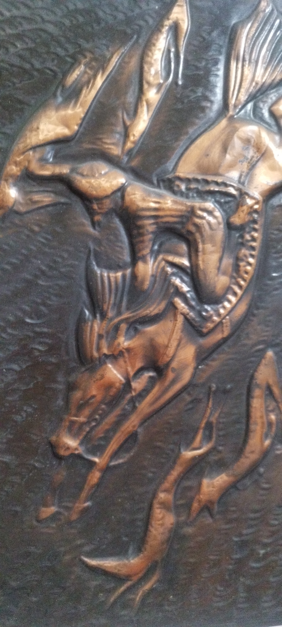 This is a close-up photograph of a bronze relief sculpture depicting a figure riding a horse in a dynamic, upward motion. The subject is an anthropomorphic figure, likely a mythical being or stylized human, with elongated limbs and a somewhat skeletal appearance. They are seated on the back of a horse, also depicted in motion, with its head lowered and legs extended as if in mid-gallop or leap. The style of the sculpture is dramatic and expressive, with flowing lines and a sense of energy conveyed through the musculature of the horse and the posture of the rider.
The background is textured, suggesting water or turbulent air, with wavy patterns that add to the sense of movement and chaos. The bronze material gives the artwork a rich, metallic sheen, with highlights and shadows emphasizing the three-dimensional forms. The lighting in the photograph accentuates the relief, casting shadows that define the contours of the figures and their surroundings.
There is no visible text or signage in the image. The scene appears to be a dramatic portrayal of a mythical or fantastical event, possibly a chase, escape, or ascent. The overall mood is one of intense action and perhaps struggle or triumph, conveyed through the dynamic poses and the textured, almost elemental, backdrop. The details of the rider's attire or the horse's tack are stylized and somewhat abstract, contributing to the overall otherworldly feel of the piece. The image is a tight crop, focusing on the central action and not revealing the full extent of the artwork or its setting.