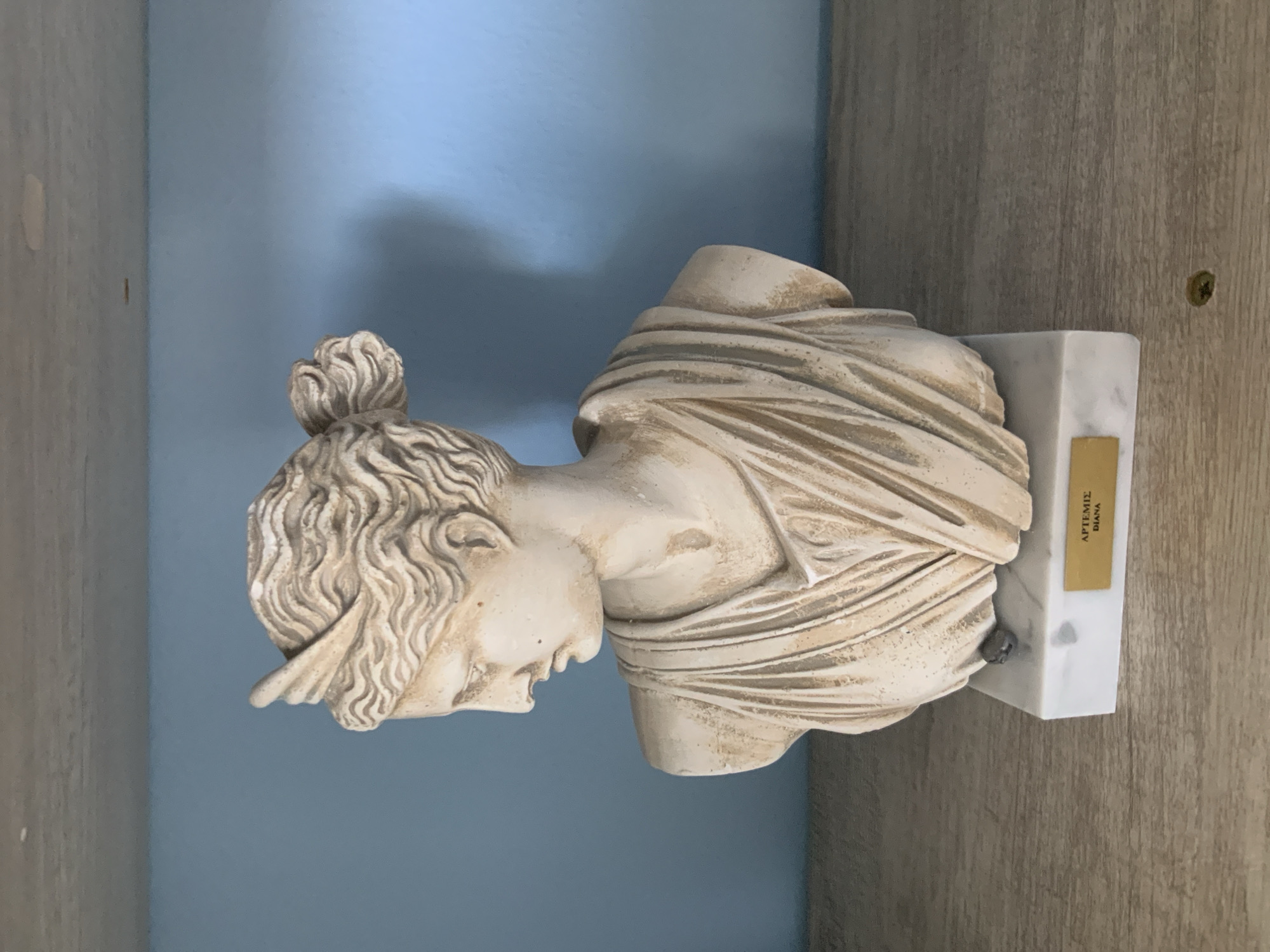 A plaster bust of Artemis Diana stands on a marble base against a light blue wall, placed on a wooden shelf. The bust depicts a female figure in profile, with her head turned to the left. She has curly hair styled in a bun and wears a draped garment. A small, rectangular gold plaque on the front of the marble base reads "APTEMIS DIANA". The shelf is made of light-colored wood with a visible wood grain.