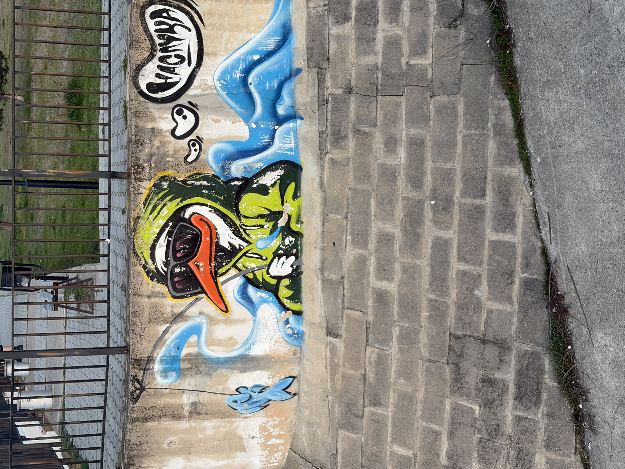 This image depicts a graffiti artwork on a concrete retaining wall in Lom, Bulgaria. The graffiti features a stylized cartoon character resembling a duck or stork, rendered in green, yellow, and black camouflage-patterned attire, wearing dark sunglasses with purple lenses and an orange beak. The character is portrayed holding a thin rod, from which a blue fish is suspended by a line on the viewer's left. Blue, wavy shapes indicative of water or a stream are painted behind and below the character. To the character's right, two white, heart-shaped thought bubbles are present, alongside a larger, cloud-like speech bubble containing white Cyrillic text, appearing to be "ЧАСОВНИК" (Chasovnik), meaning "clock" or "watch".
The upper concrete wall, where the graffiti is located, exhibits light grey coloration, visible cracks, and areas of paint wear. Below this, a section of rectangular grey concrete blocks forms the lower part of the wall, also showing cracks and wear.
Above the wall, a dark metal fence with vertical bars separates the graffiti from an elevated area. Through the fence, a grey paved surface with interlocking pavers is visible, along with two light-colored cylindrical bins, a dark object, and a wooden stool. Beyond this paved area, green grass and sparse trees are discernible.
The foreground consists of a grey concrete slope or path, which meets the base of the lower wall section. A narrow strip of dry grass, weeds, and minor debris, including a partially visible rusted metal ring, lines this junction.