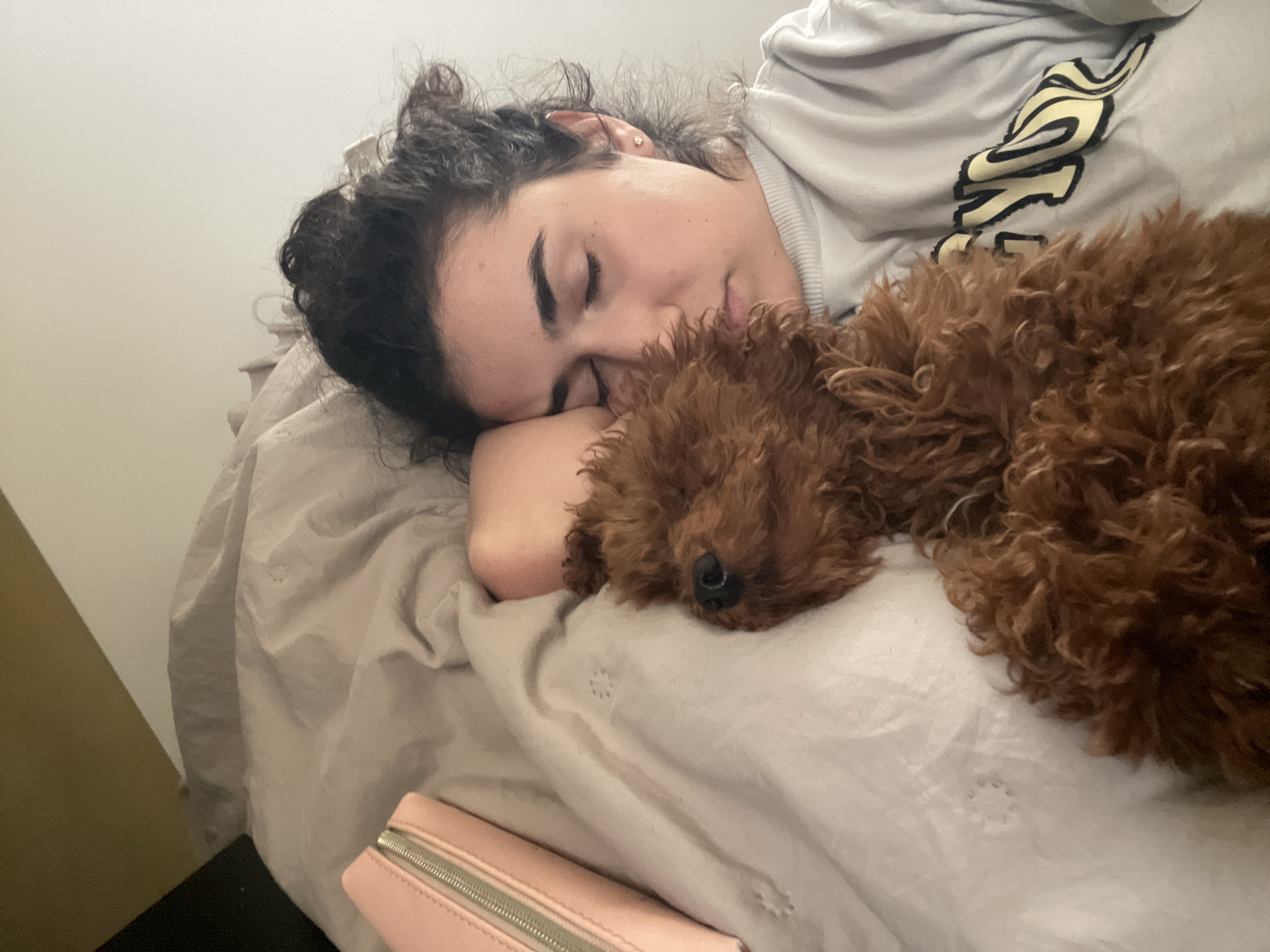 A woman and a brown poodle are lying in bed. The woman is on her side, with her eyes closed and her head resting on her arm. She has dark hair and is wearing a light gray shirt with a graphic design on it. The poodle is lying next to her, also with its eyes closed. A light pink zippered purse is in the bottom left of the photo. The bed has light gray sheets. The photo was not taken in Sofia, Bulgaria.