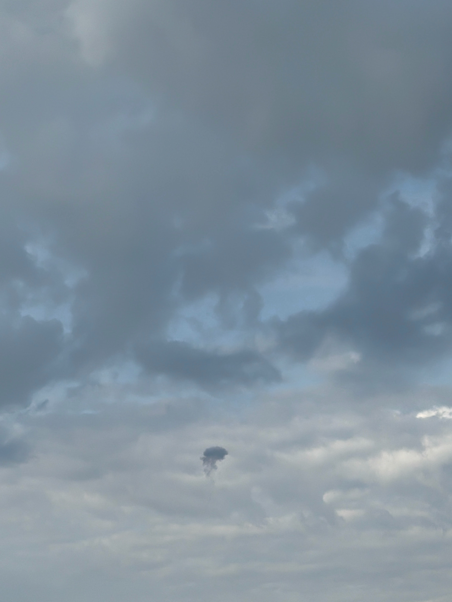 A dark plume of smoke is visible in the sky above Kyiv, Ukraine, against a backdrop of overcast clouds. The smoke plume is dark gray and appears to be expanding upwards and outwards, suggesting it is rising from an event on the ground. The surrounding clouds are varied in shade and density, with some lighter areas suggesting breaks in the cloud cover or sunlight attempting to penetrate. The overall atmosphere of the image is somber and suggests a potentially significant event.