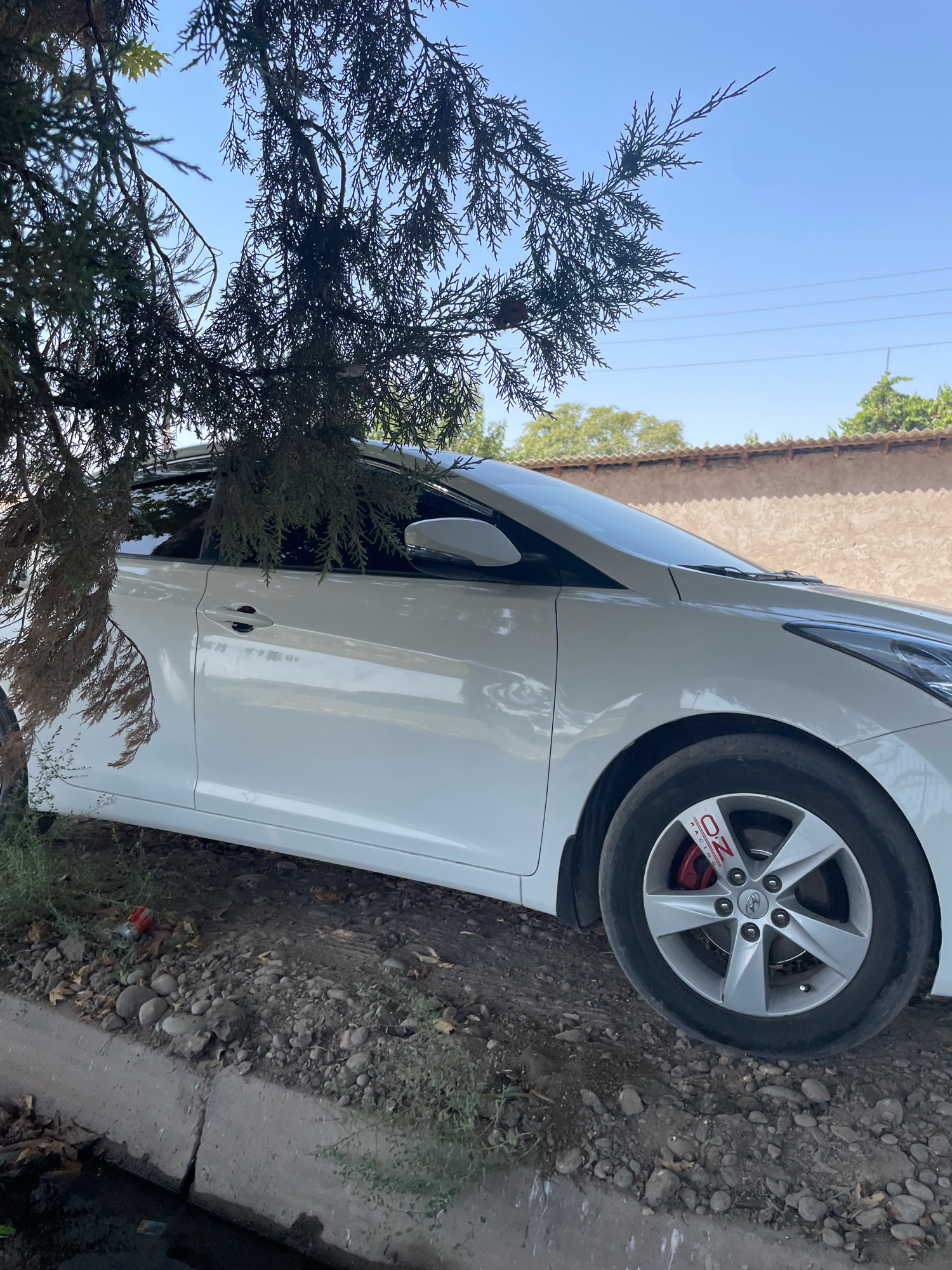 A white car is parked on the side of a street, partially obscured by a tree. The car is clean and appears to be in good condition. The wheel has an "OZ Racing" sticker on the brake caliper. The ground is covered in gravel and dirt, with some dry leaves scattered around. A concrete curb runs along the edge of the street. In the background, there is a wall and some trees. The sky is clear and blue. The location is Пасариқ, Tajikistan.