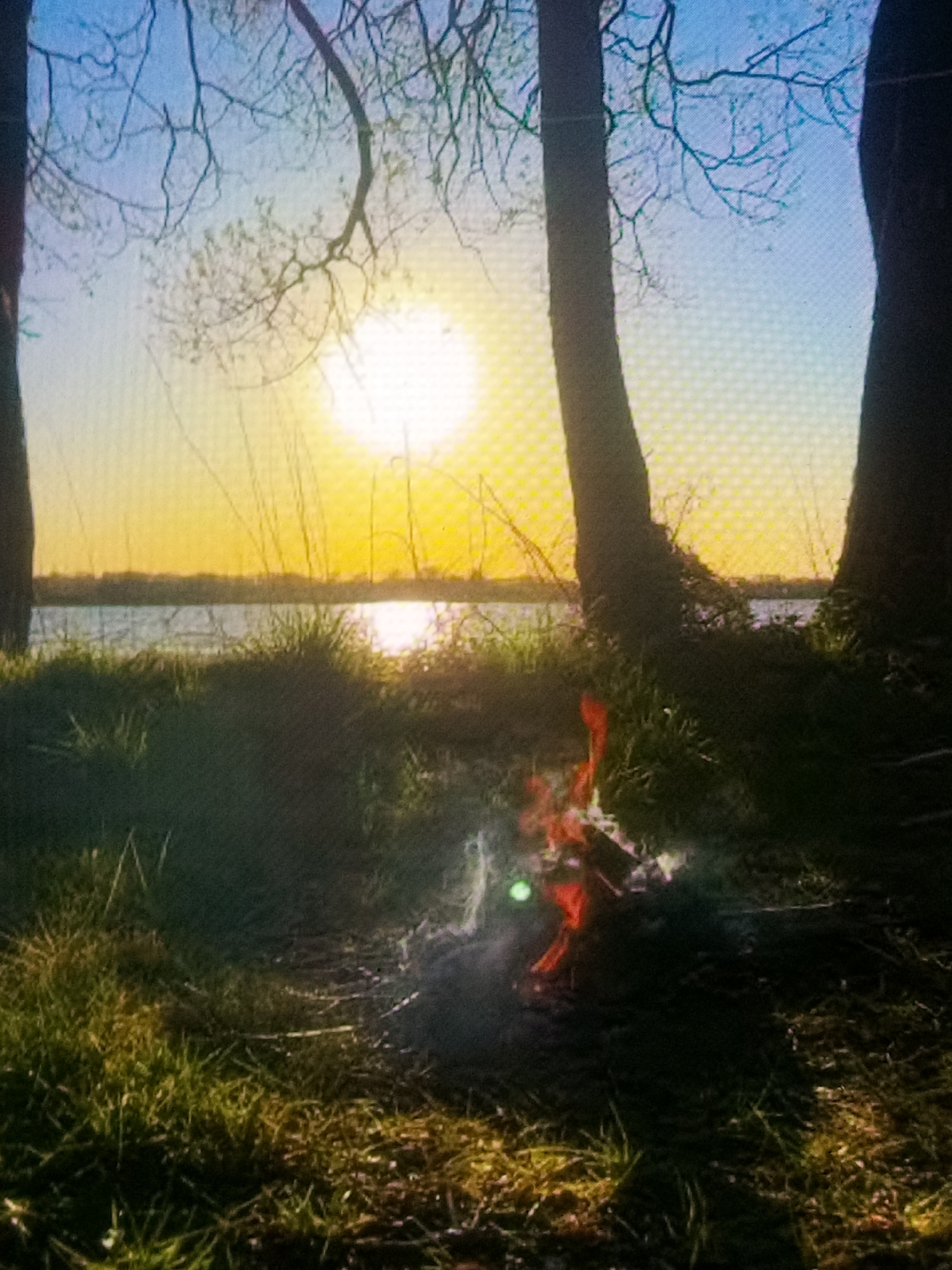 A sunset scene with a bright sun low in the sky, casting a warm glow over a body of water and the surrounding trees and grass. Two trees frame the foreground, with bare branches extending upwards. In the center of the foreground, a small campfire burns with visible flames and smoke. The ground is covered in grass and dirt. The body of water appears calm, with reflections of the sky. The overall impression is one of a peaceful, natural setting at dusk.
