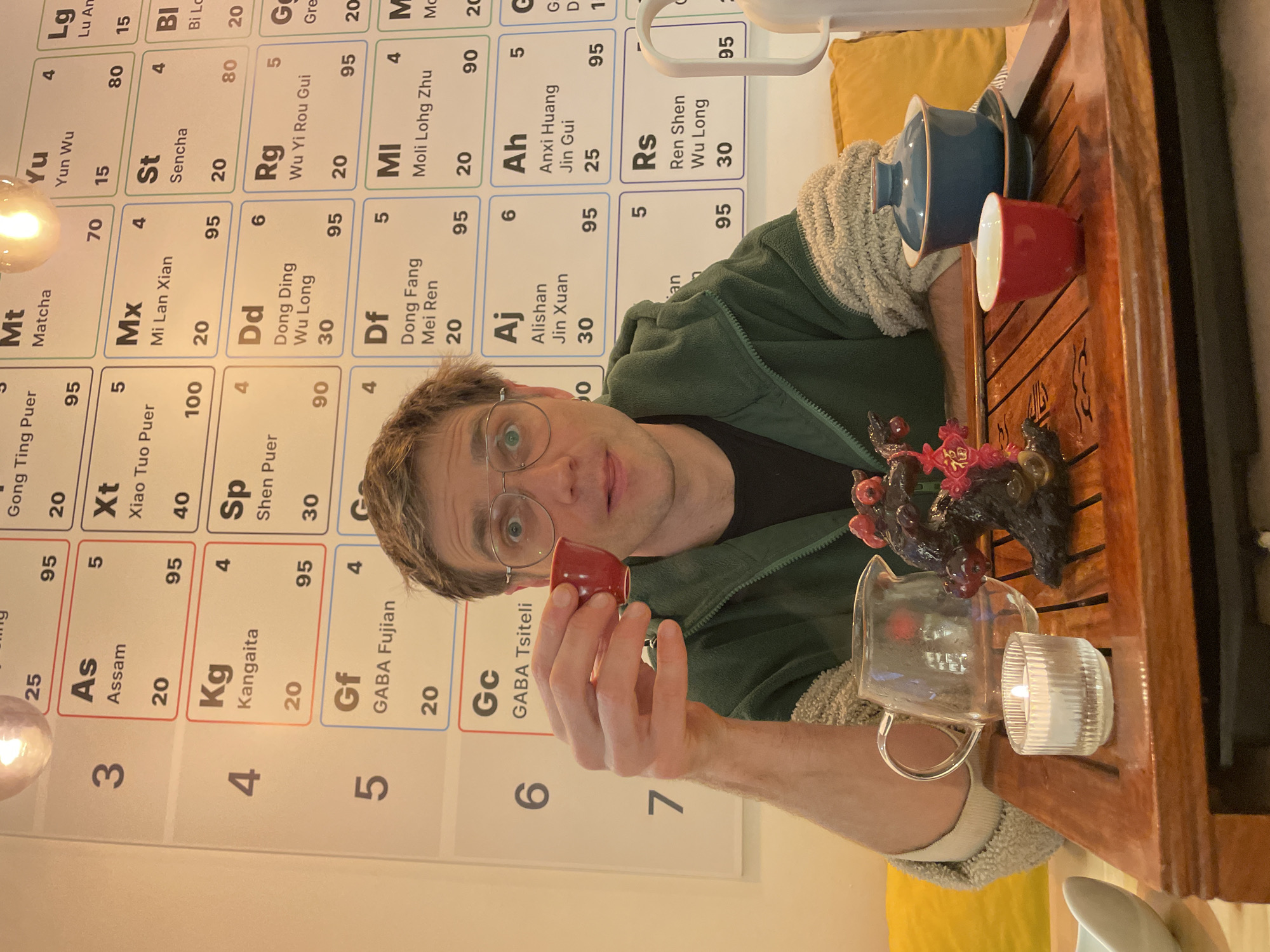 A person, a light-skinned male with glasses wearing a green jacket, is holding a red tea cup in his right hand. He is sitting behind a wooden tea tray with various tea brewing implements including a gaiwan, a pitcher, and a candle. In the background there is a periodic table chart of teas on the wall. The tea chart includes entries such as Matcha, Assam, Kangaita, GABA Fujian, GABA Tsiteli, Alishan Jin Xuan, Anxi Huang Jin Gui, and Ren Shen Wu Long. This scene appears to be taking place in a tea shop, potentially in Belgrade, Serbia, given the user's instruction to assume this location.