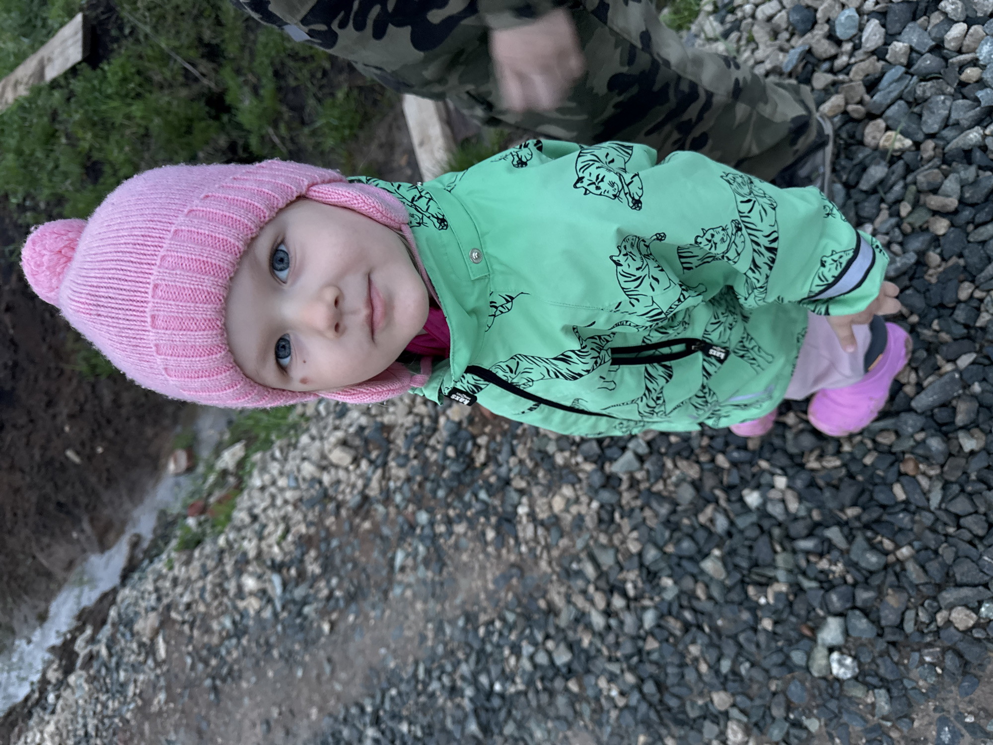 A young child wearing a pink knit hat and a light green jacket with tiger print is standing on a ground covered with small gray rocks, looking up at the camera. The child also wears pink pants and purple rubber boots. A person wearing camouflage pants is partially visible in the upper right corner. The location is Ферма, Russia.