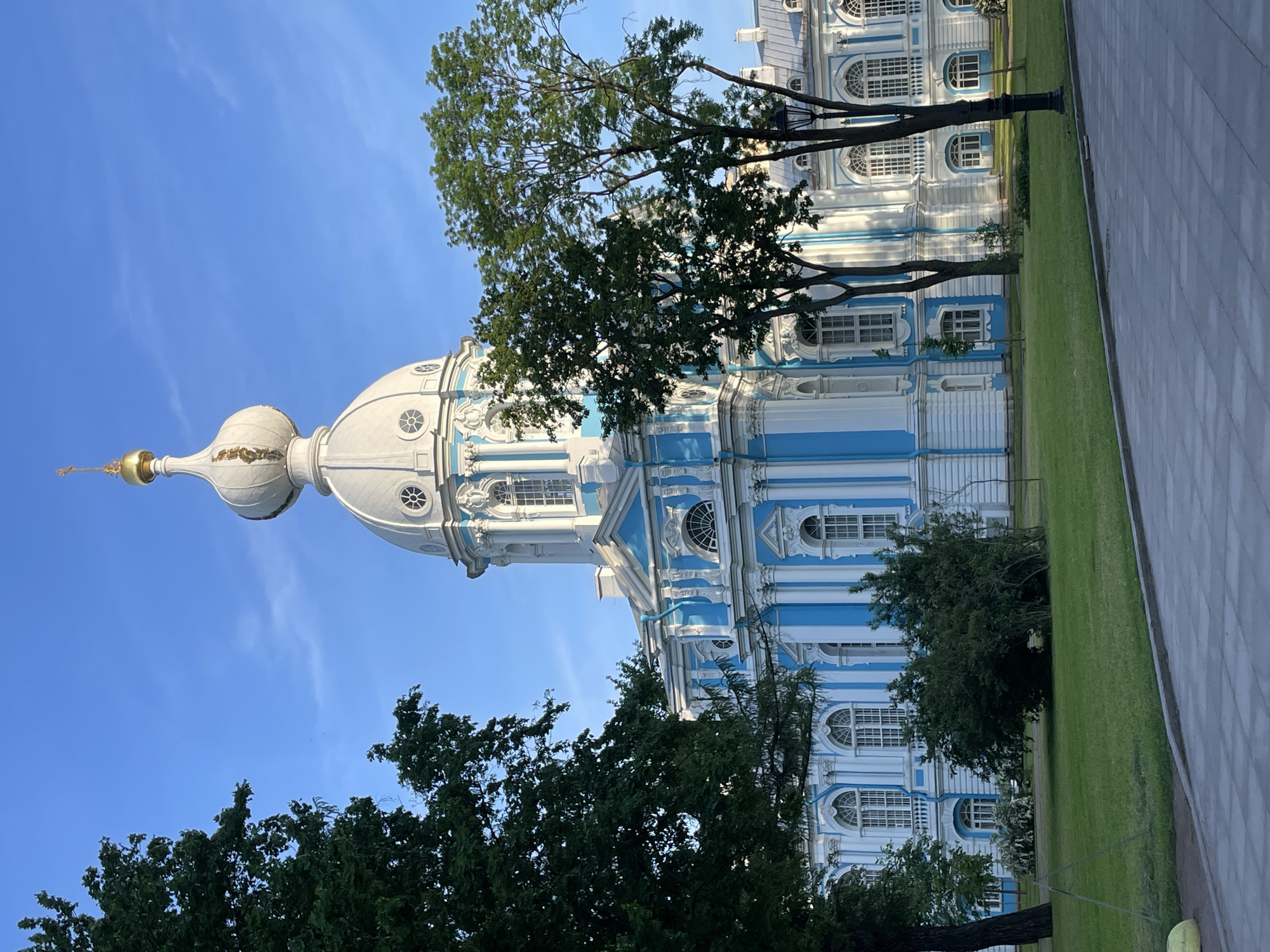 The image depicts the Smolny Cathedral in St. Petersburg, Russia, viewed from ground level. The dominant structure is a large, elaborate Baroque-style building, painted in light blue with prominent white architectural details, including fluted columns, ornate window surrounds, and cornices. The central feature is a towering white dome, topped with a multi-tiered, elongated spire that culminates in a golden orb and a small golden Orthodox cross. Numerous tall, arched windows with white frames are visible across the building's facade.
In the foreground, a manicured green lawn occupies the lower half of the image. A paved walkway, composed of rectangular grey pavers, extends from the lower right to the lower left, bordering the lawn. Several mature deciduous trees with dense green foliage are positioned on both the left and right sides of the frame, partially obscuring the cathedral. A single black lamppost with an ornate design stands on the right side, partially behind a tree. The sky above is clear and vibrant blue, with faint wisps of white clouds visible. No people or animals are present in the scene. The lighting suggests daytime conditions.