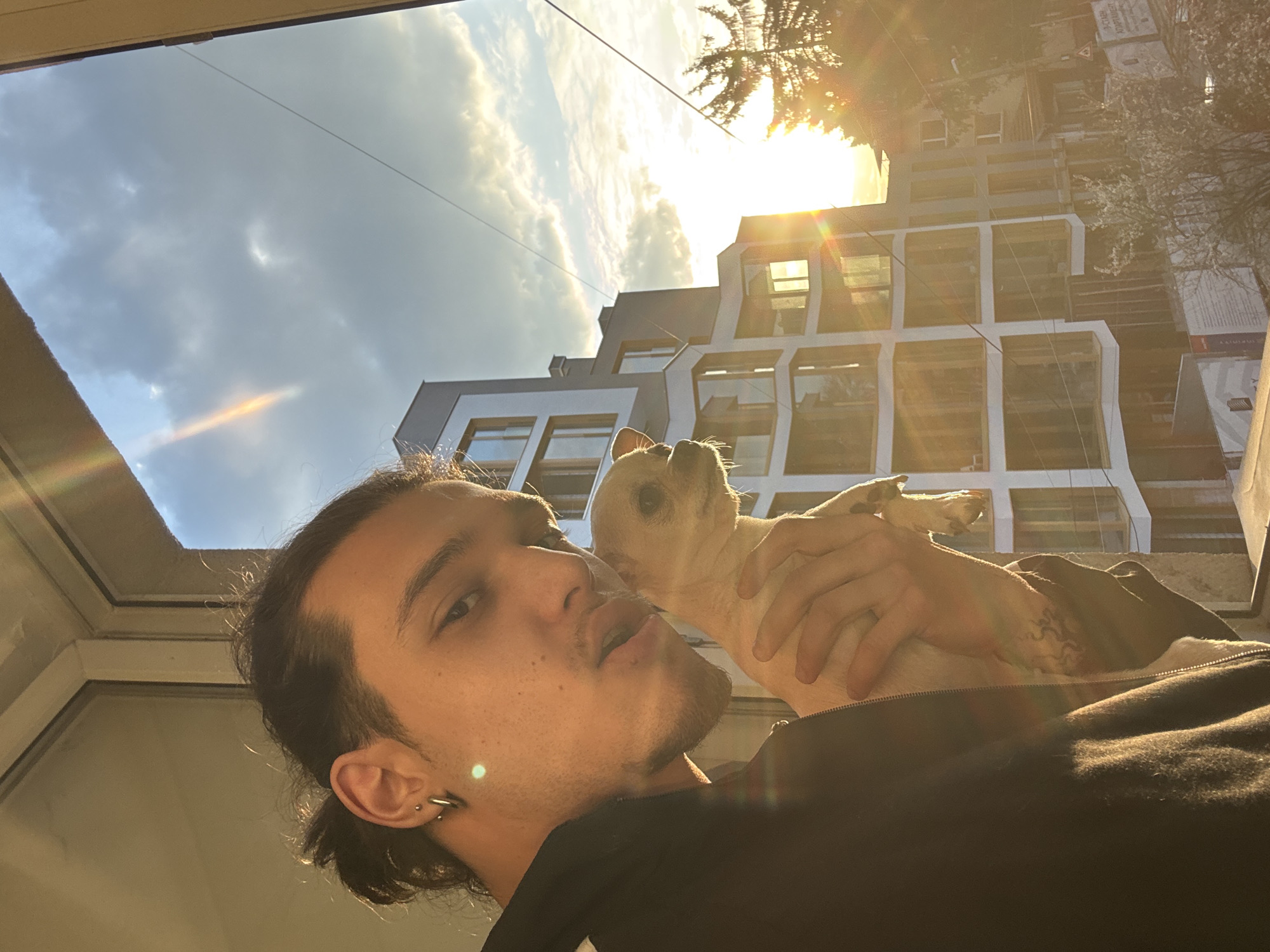 The image depicts a male individual and a small dog positioned indoors, looking outwards through a window, against the backdrop of a sunset over Sofia, Bulgaria.
The male, visible from the chest up, occupies the left side of the frame. He has dark hair tied back, visible stubble, and an earring in his left ear. He is wearing a dark, zip-up garment and looking directly towards the viewer with his mouth slightly ajar. His skin is illuminated by warm, golden light.
He holds a small, light-colored dog, possibly a Chihuahua, which is positioned to his right. The dog faces away from the camera, looking towards the exterior view.
Beyond the window frame, the exterior scene shows a residential area under a partially clouded sky during what appears to be sunset, characterized by strong golden light and a prominent sun flare on the right. A modern, multi-story building with a white and gray facade and numerous large windows is visible to the left and center. A large conifer tree is silhouetted against the sun on the far right. Below, additional buildings, power lines, and nascent spring foliage are present. A partially visible sign in Cyrillic, reading "ЗА СТАЕН АПАРТАМЕНТ" (FOR ONE-ROOM APARTMENT), confirms the location as Sofia, Bulgaria.