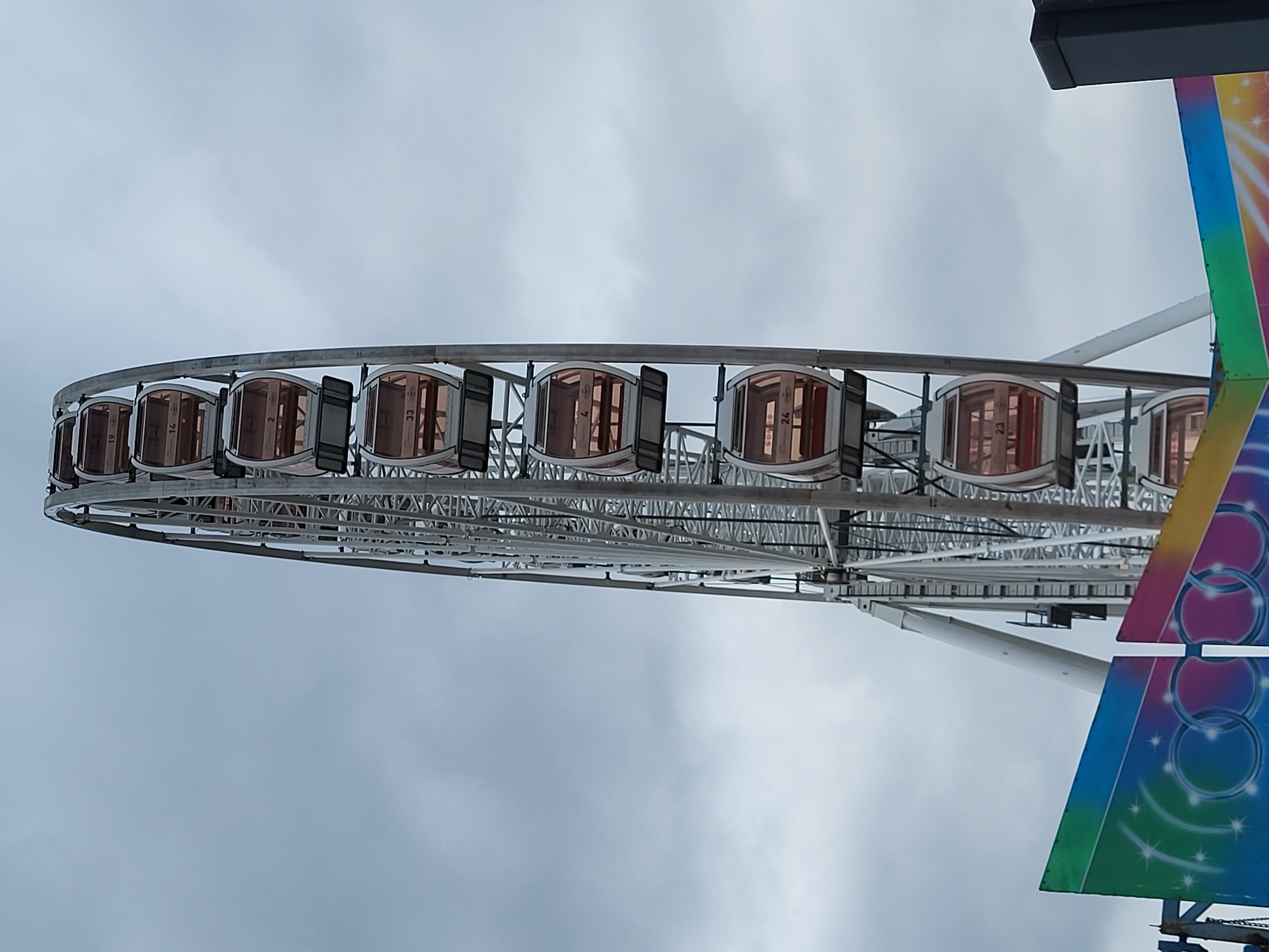 An image, oriented horizontally, depicts a large Ferris wheel against an overcast sky. The Ferris wheel occupies the left and central portion of the frame, showcasing a segment of its circular structure and numerous passenger cabins (gondolas). The wheel's metallic framework is intricate, with spokes and supports visible. Each cabin is enclosed, featuring tinted, possibly orange-brown, windows. Numbers are visible on several cabins, including "19", "14", "2", "33", "24", and "23".
To the right of the Ferris wheel, a colorful vertical structure is partially visible. This structure is adorned with bright, gradient colors ranging from green, blue, and purple to yellow and red, and features stylized circle patterns with star-like bursts. It appears to be a decorative element or part of the Ferris wheel's base or entrance signage.
The sky is a uniform, light grey, indicating an overcast day without direct sunlight. There are no people visible in the image, and the Ferris wheel appears to be stationary. The overall scene suggests a fairground or amusement park setting.