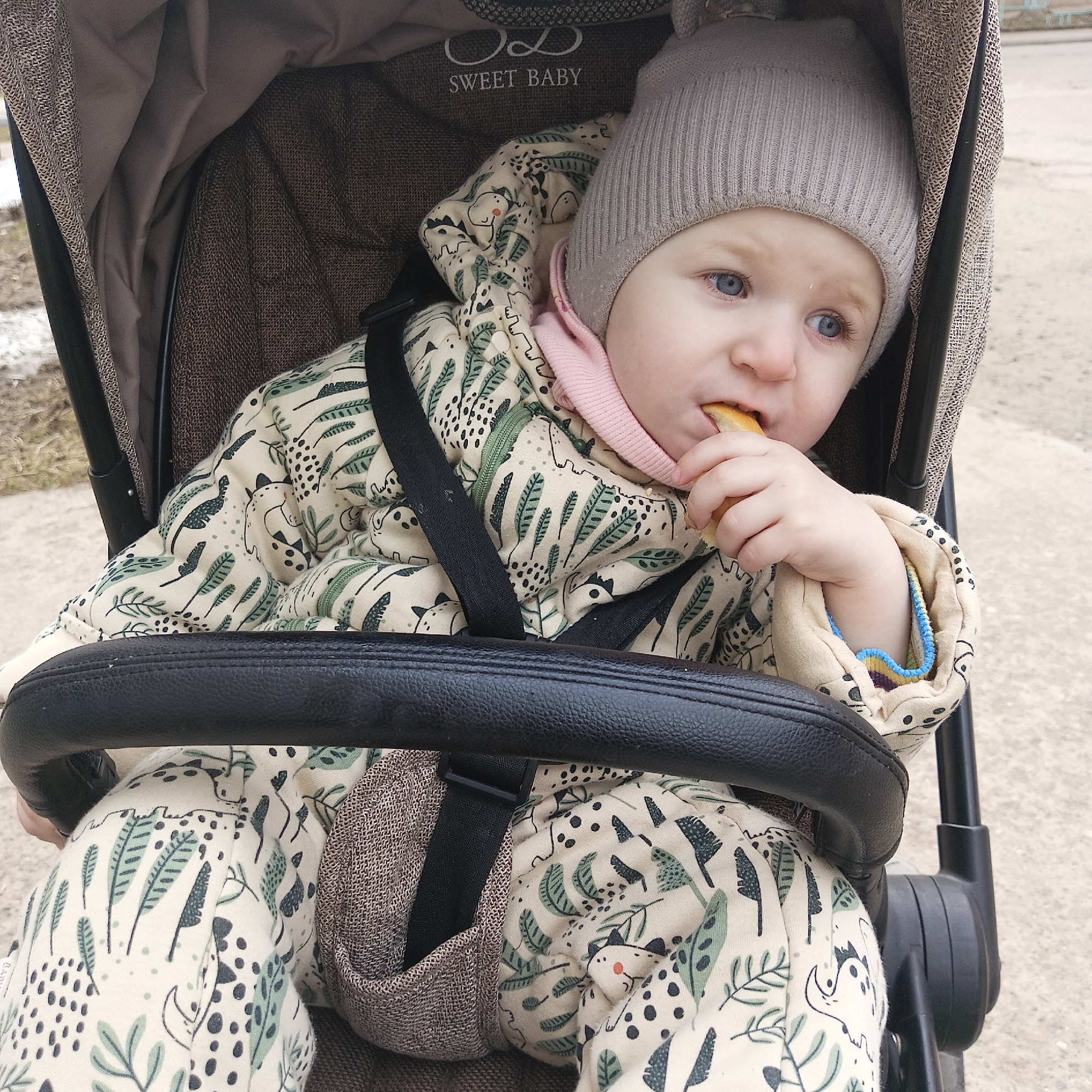 A young baby, dressed warmly in a padded, light-colored full-body suit featuring a pattern of green leaves, black dots, and cartoon animal faces, is seated in a dark-colored stroller. The baby also wears a ribbed, light gray beanie with small pom-poms and a visible pink layer underneath the suit. The baby has striking blue eyes, fair skin, and is actively eating a light-colored snack, possibly a cracker or biscuit, holding it to its mouth with its right hand.
The stroller features a dark brown/gray textured fabric and a black faux leather bumper bar in front of the baby. A black harness strap secures the baby. On the stroller's canopy, the text "SWEET BABY" is clearly visible, accompanied by a stylized "OD" logo.
The scene is outdoors, likely during daytime, with natural lighting. The background shows a paved ground, suggesting a sidewalk or path, with muted colors indicative of cooler weather, possibly late winter or early spring in Chaikovsky, Russia. The baby appears content and focused on its snack.