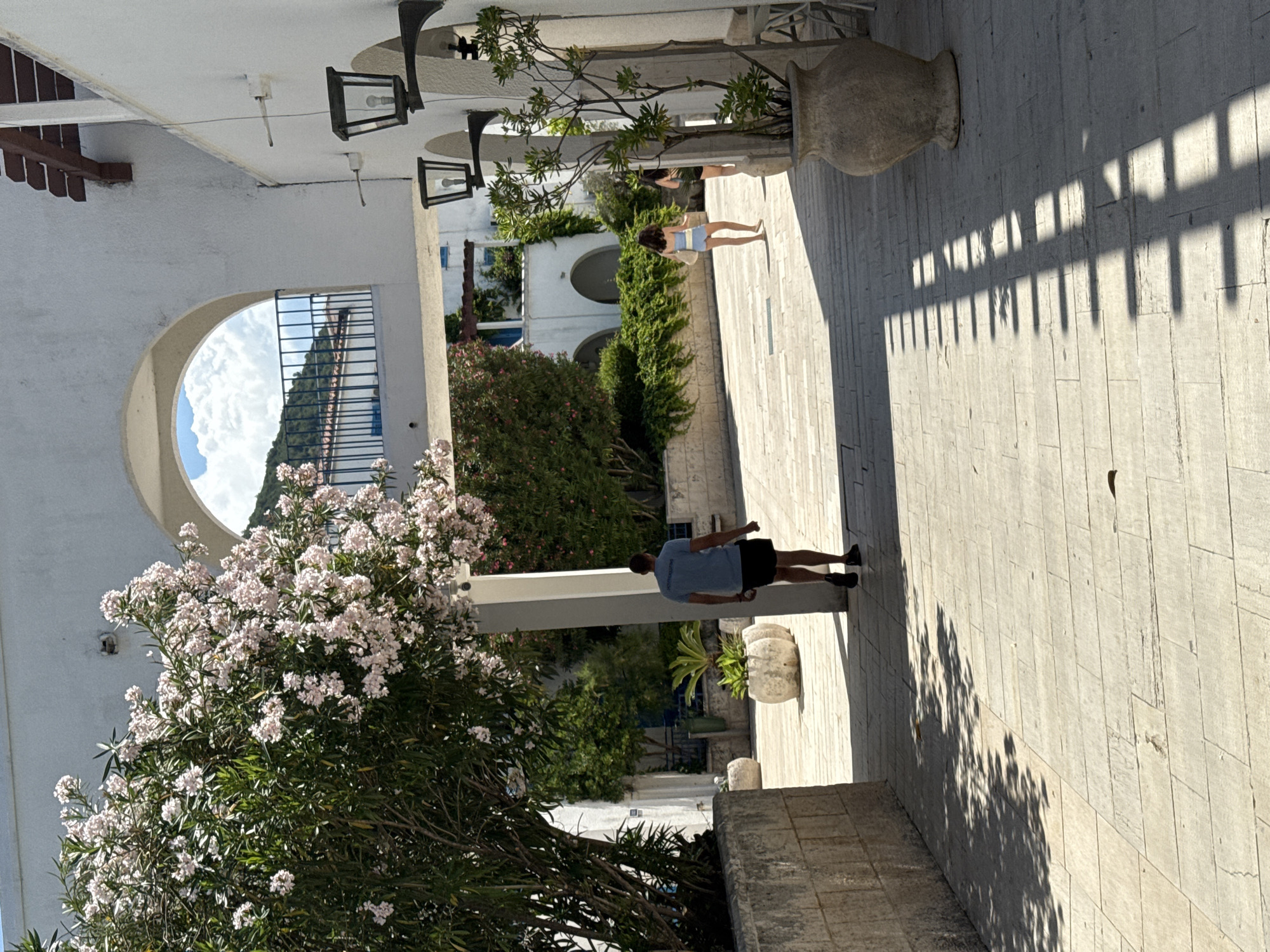 The image depicts an outdoor scene in Budva, Montenegro, under a bright, sunny sky, likely during the day. The perspective is from beneath a white, covered walkway or portico, characterized by white walls and arched architectural elements.
In the immediate foreground on the left, a large, lush bush with numerous light pink or white blossoms is prominent, partially framing the view. The ground beneath the walkway is paved with light-colored, rectangular stone or concrete blocks.
Two individuals are visible on the pathway. A man wearing a blue t-shirt and black shorts is walking away from the camera, seen from behind. Further down the pathway and to the right, a woman in a light-colored top and denim shorts stands, also facing away.
Along the pathway, there are various potted plants, including a large decorative pot with a green shrub near the woman. Through a large, circular arched opening in the white wall on the left, a distant view of a green, mountainous landscape under a blue sky with white clouds is visible, along with a metal railing.
Strong, elongated shadows, likely cast by an overhead pergola or trellis structure, stretch across the paved ground on the right side of the image, emphasizing the bright sunlight. Decorative, dark-colored lamps with clear bulbs are suspended from the ceiling of the walkway. The overall setting suggests a pleasant, warm climate. There is no visible text in the image.