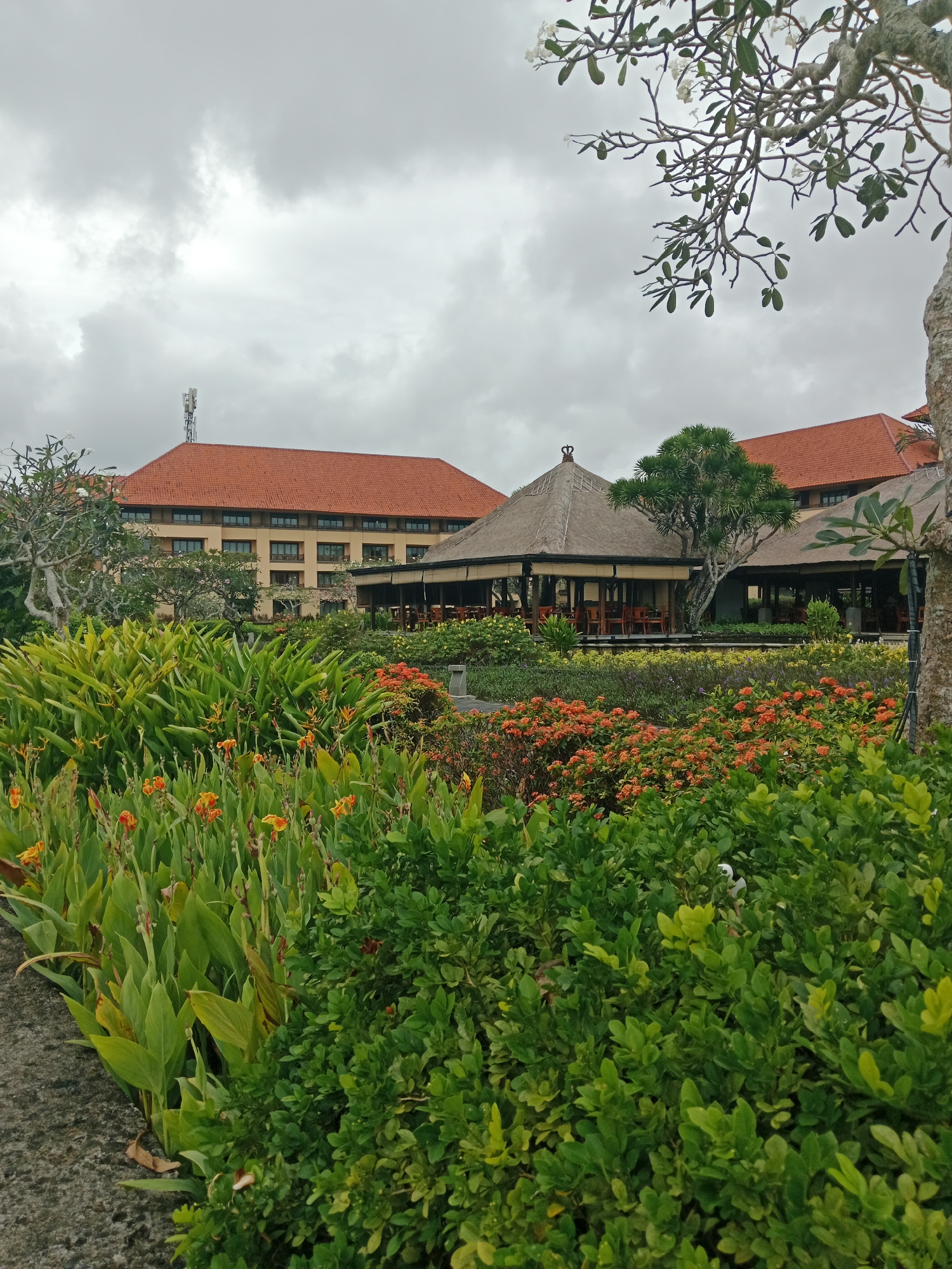 The image depicts a lush garden in front of a hotel in Kuta Selatan, Indonesia. The garden is filled with a variety of green foliage and vibrant orange flowers. In the background, a multi-story hotel with red tile roofs is visible, along with a thatched-roof structure that appears to be an outdoor dining area. The sky is overcast, suggesting a cloudy day. A cell tower is mounted on the roof of the hotel. The scene conveys a sense of tropical resort ambiance.