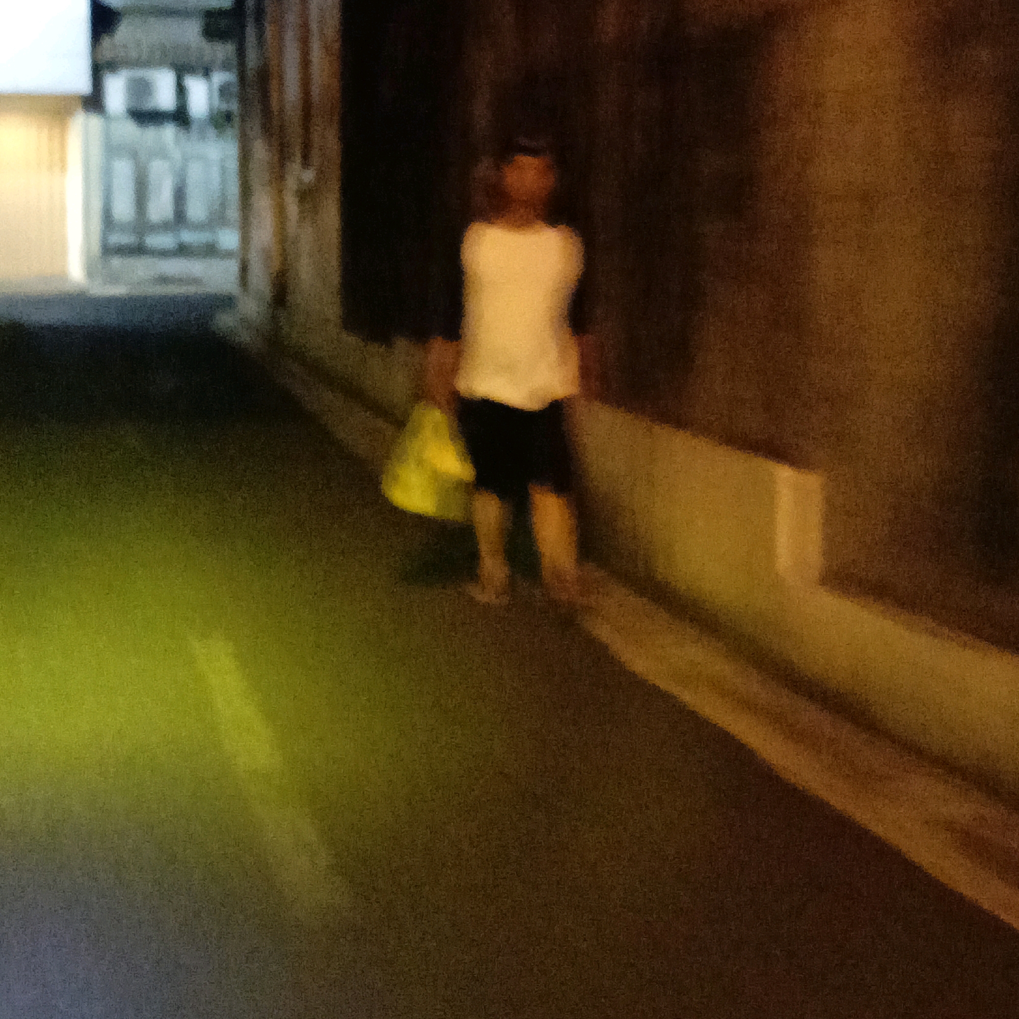 The image shows a dimly lit alleyway at night, with a blurred figure of a person walking away from the camera. The person is wearing a light-colored top and dark shorts and is carrying a yellow bag. The alley appears to be paved and has a textured wall on the right side, illuminated by a warm light. On the left side of the alley, there is a lighter area that suggests buildings with windows. The overall impression is that of a quiet, possibly residential, street in Salatiga, Indonesia.