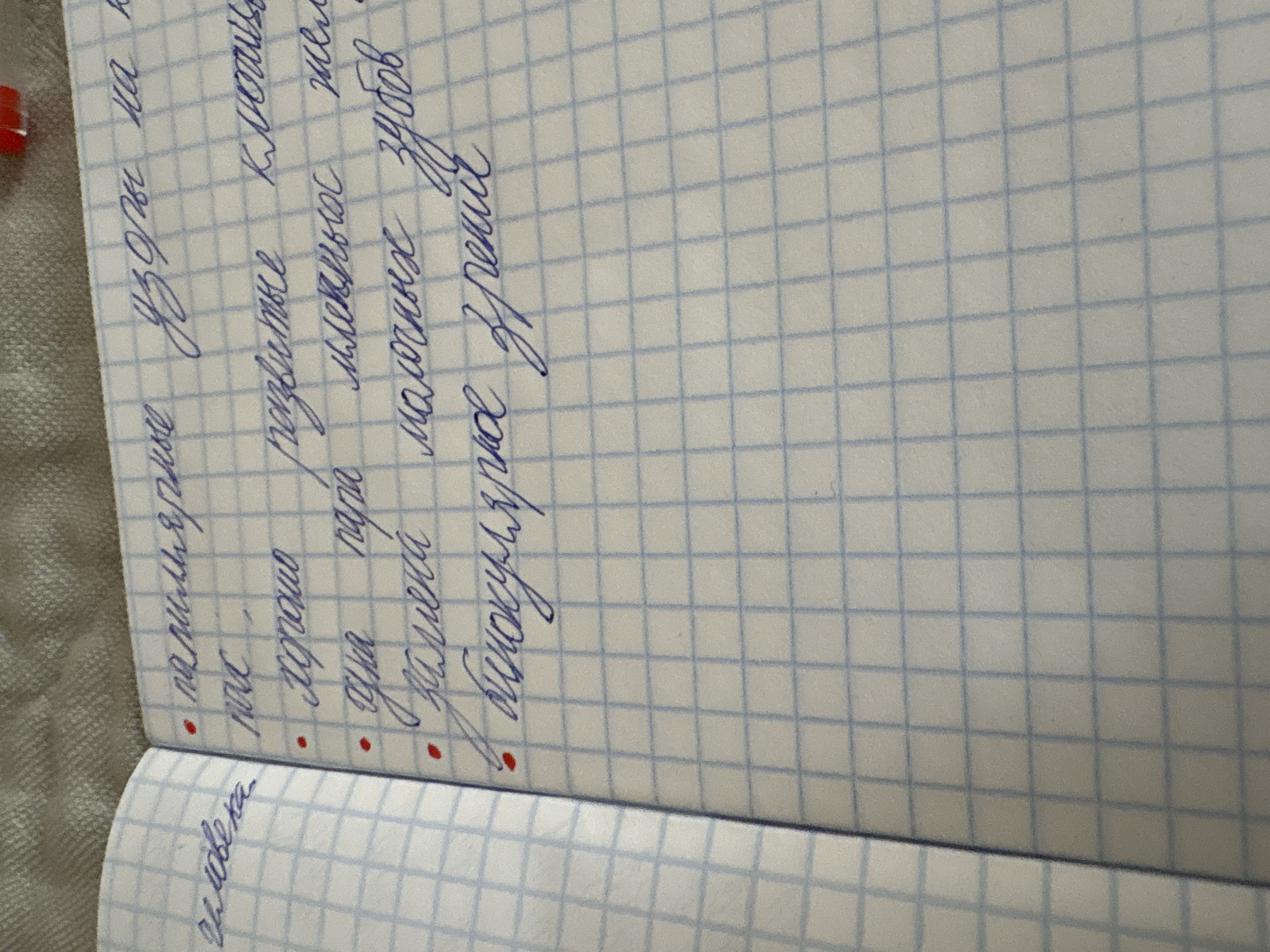 The image shows a close-up of a page in a notebook with a grid pattern. The notebook is open, and the right-hand page is filled with handwritten text in blue ink. The text appears to be a list, with each item marked by a red dot. The handwriting is in Russian cursive.
The first line of the list reads "папилярные узоры на", followed by "нос". The next item is "хорошо развитые молочные". The following item reads "зубы". Below this, there is a line that is partially obscured but appears to start with "замена". The last visible item on the list is "бинокулярное зрение".
On the left-hand page, the word "человека" is written in blue ink.
The image is taken from a slightly overhead angle. The background is blurred and appears to be a textured surface, possibly fabric.
There is no information in the image that indicates a specific location in Georgiyevsk, Russia. The image is a close-up of handwritten notes in a notebook and does not contain any identifiable geographical features or markers.