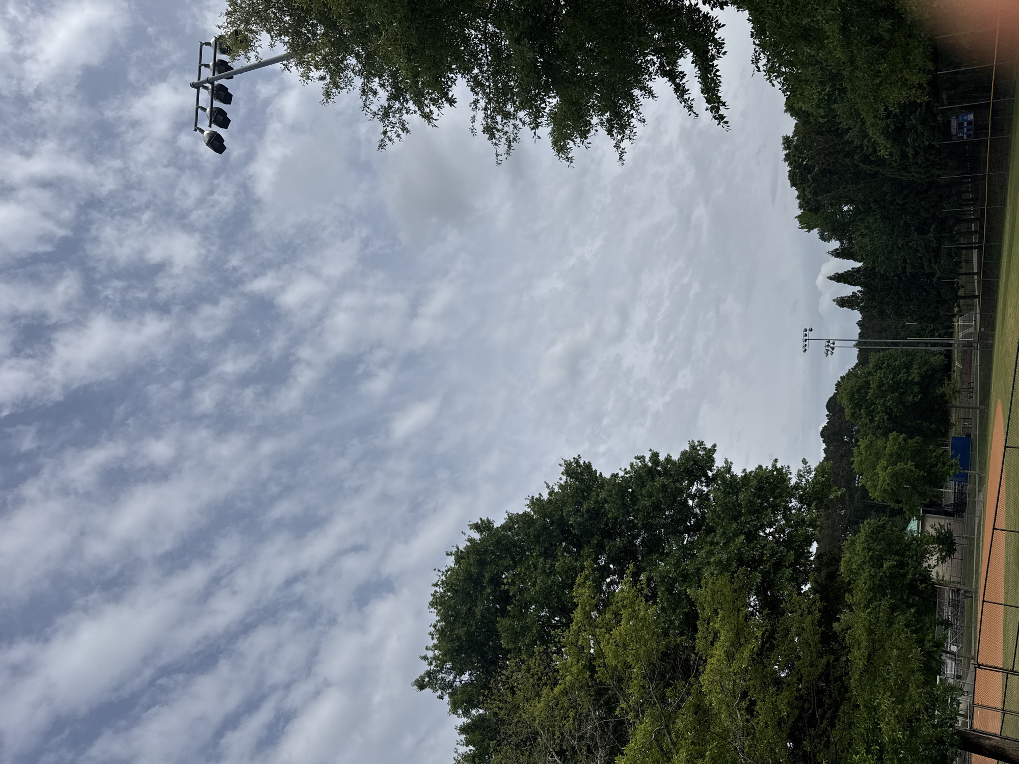 The photograph depicts a baseball field in Mountain Park, Georgia, United States, as viewed from below the tree line. The cloudy sky is visible through the opening in the trees. To the left of the image is a tall light pole with four lights. The baseball field has a chain link fence, a scoreboard, and other light poles.