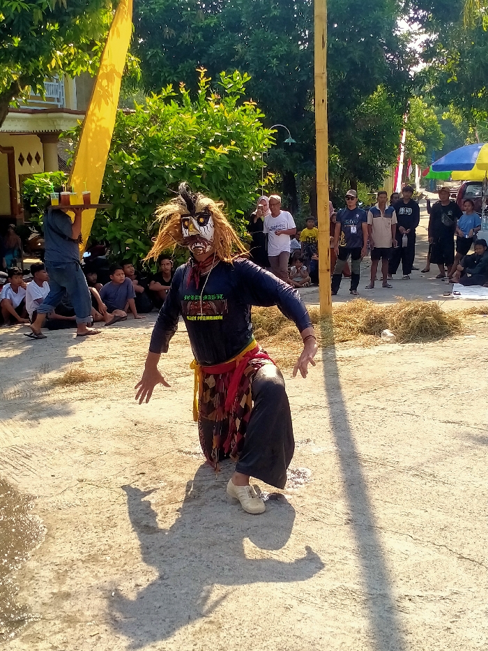 This image captures an outdoor cultural performance in Sepat, Indonesia, during daylight hours with strong sunlight casting long shadows. The primary subject is an individual positioned in a low, dynamic crouch, facing forward with arms extended and fingers splayed. This performer wears an elaborate, oversized mask with a white base, black and red markings, and shaggy, light-brown hair-like extensions. The costume consists of a dark, long-sleeved shirt (appearing wet), black wide-legged trousers, and a patterned red, yellow, and brown fabric wrapped around the waist. White shoes are visible on the feet. Red liquid or paint is present on the performer's chest.
The scene takes place on a hard-packed dirt or paved surface, with puddles of standing water visible in the immediate foreground. In the mid-ground, a tall, slender, light-colored wooden pole stands vertically, and several piles of dry straw are scattered on the ground. A diverse group of onlookers is present. To the left, a man carries a yellow tray with several cups balanced on his head, walking away from the camera, while approximately eight to ten young males are seated on the ground, observing. To the right, a group of approximately fifteen adults stands watching, with one individual holding a smartphone as if recording or photographing. The background features dense green foliage from trees and bushes. Architectural elements include a light-colored building with a tiled roof on the far left, a large yellow fabric banner hanging vertically on the left, and in the distant background, a multi-colored umbrella and a red and white flag.