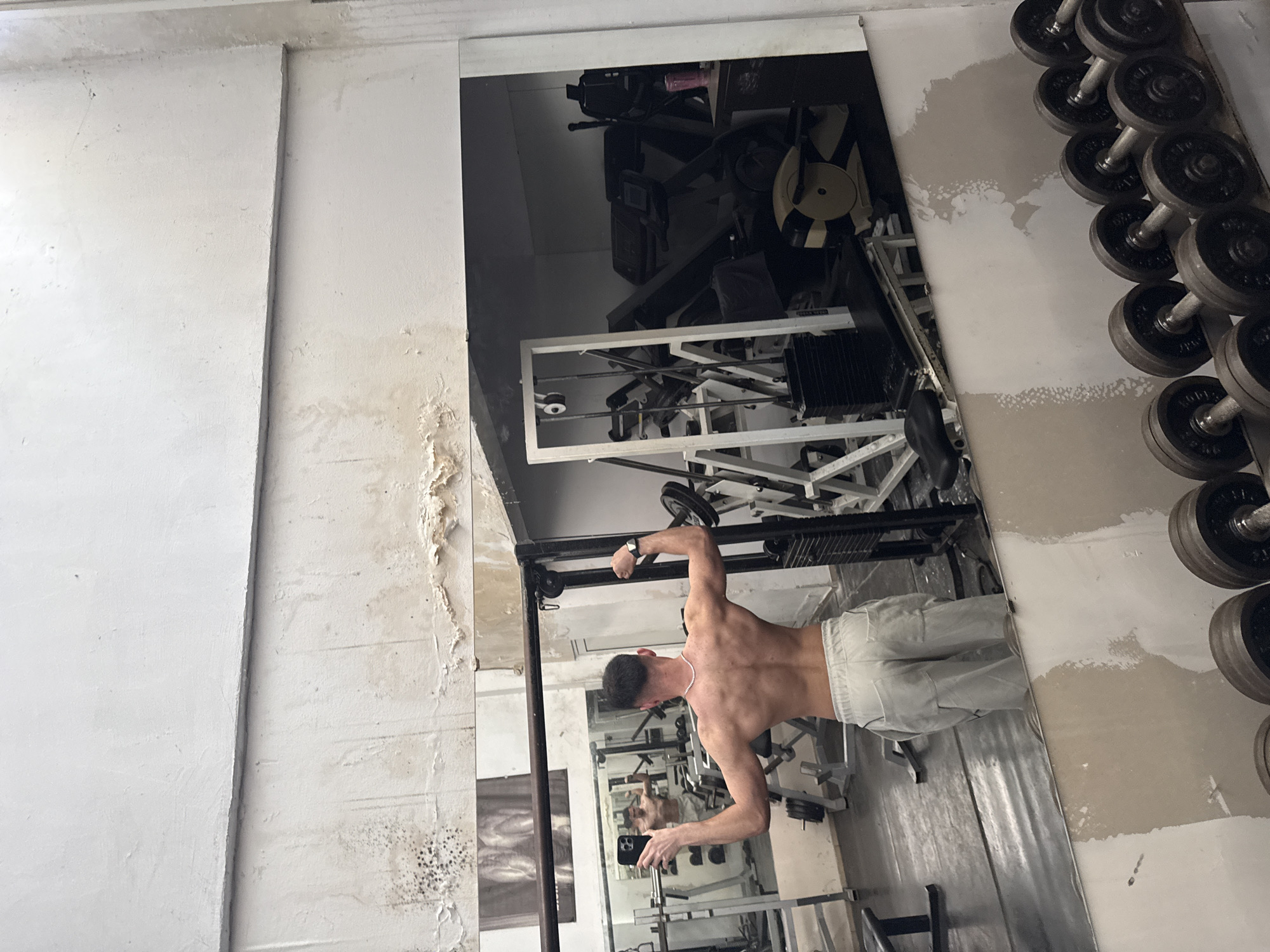 An individual is captured in a full-body shot, posing shirtless in front of a large mirror within what appears to be an aged gym or workout space. The man, seen from a back-left perspective, is flexing his right arm, showcasing his bicep and back muscles. He wears light-colored shorts and a silver chain necklace, with a wristwatch visible on his left wrist. In his left hand, he holds a dark smartphone, suggesting he is taking a mirror selfie.
The mirror occupies the right side of the frame, reflecting various pieces of gym equipment such as weight machines and racks, as well as the man's full figure. To the right of the mirror, a rack laden with dumbbells is partially visible. The walls to the left and above the mirror are painted a light color but exhibit significant signs of wear and tear. These details include large areas of peeling paint, discolored patches, and dark spots that resemble mold or mildew, indicating poor maintenance or water damage. The overall setting conveys a rustic or utilitarian atmosphere. No discernible text is visible in the image.