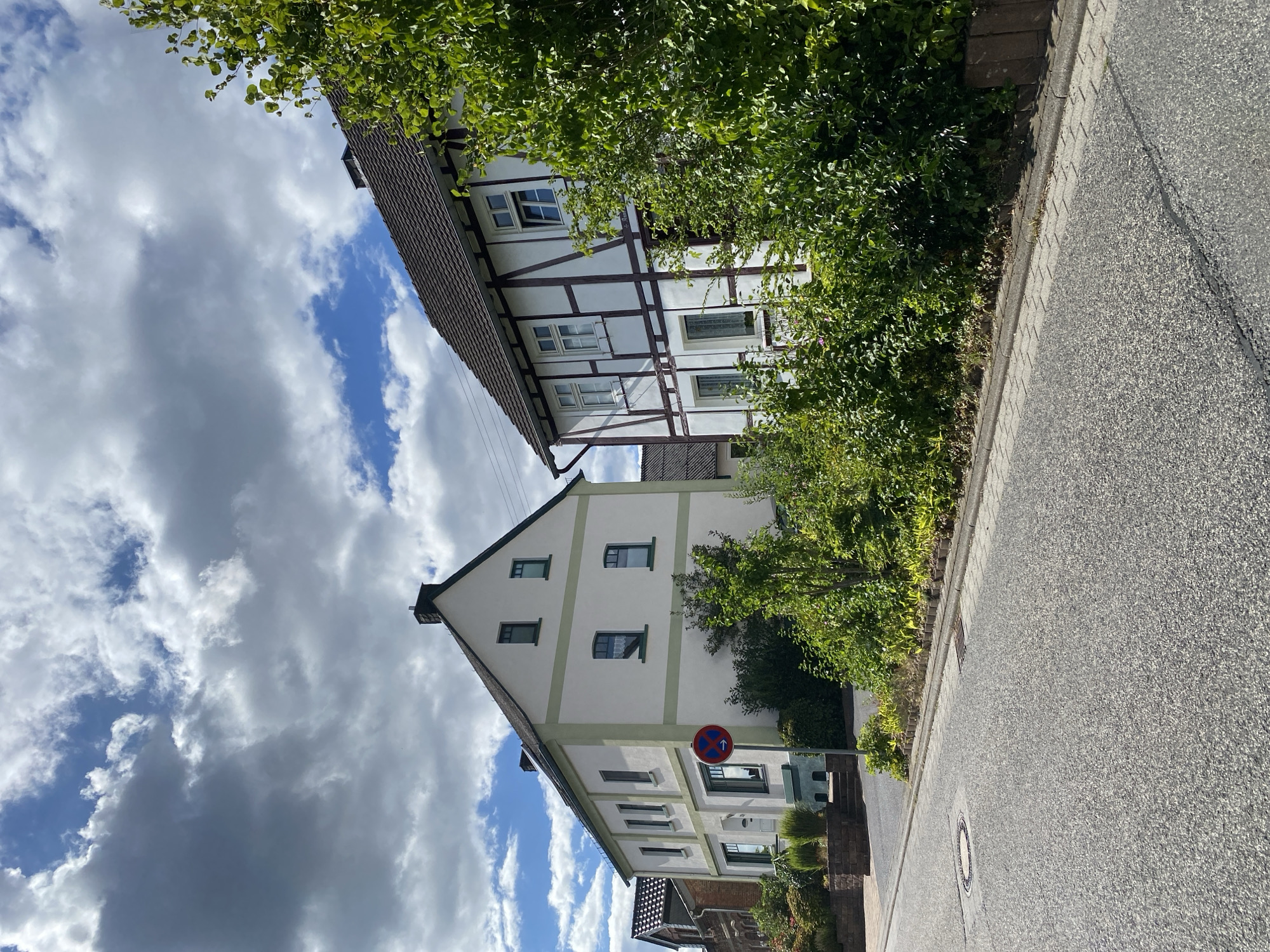 The image depicts a street scene in Flammersfeld, Germany. In the foreground, a paved road is visible, with a manhole cover to the left and a curb with a drainage grate to the right. Beyond the road, a row of houses and lush green vegetation are present. The house on the left is a two-story building with a white facade and green trim around the windows and roofline. It has a pitched roof. In front of this house, a circular red and blue sign with a diagonal line through an arrow pointing left is posted on a pole. To the right of this house, a traditional half-timbered house with white stucco and dark wooden beams is visible. This building also has a pitched roof. The houses are surrounded by dense green bushes and small trees, with some brick retaining walls visible. The sky above is partially cloudy with dramatic cumulus clouds against a blue sky.