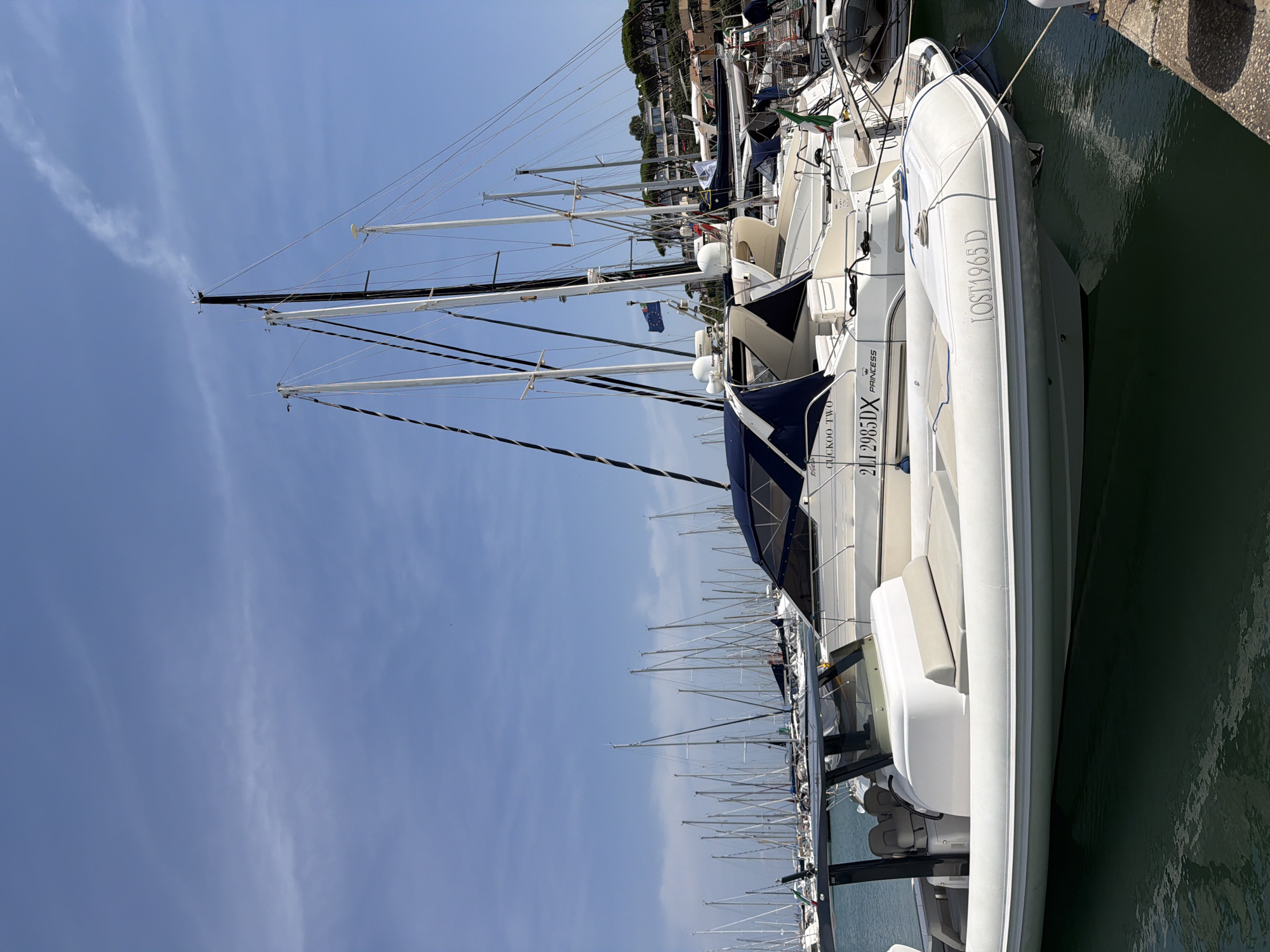The image shows a marina in Punta Ala, Italy, with numerous sailboats and motorboats docked. In the foreground, a white rigid inflatable boat (RIB) is prominently featured, with the registration "IOST1965 D" visible on its side. Behind the RIB, a larger white motorboat is docked, displaying the registration "2LI 2985DX" and the text "PRINCESS". The boats are moored in calm, dark green water under a clear blue sky with some wispy clouds. Tall masts of sailboats extend upwards in the background, and the shore is lined with lush green trees and buildings. The scene appears to be a sunny day.