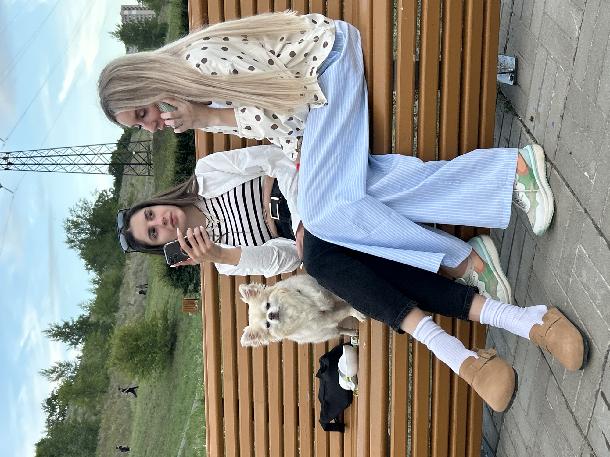 Two young women and a small, fluffy white dog are sitting on a wooden park bench. The woman on the left has long blonde hair and is wearing a white shirt with brown polka dots. She is holding a phone to her ear and appears to be talking. The woman on the right has dark hair and is wearing a white shirt with black stripes. She is holding a phone in her hand, looking at its screen. The dog is sitting between the two women on the bench. A black jacket and a white face mask are placed on the bench to the right of the dog.
The scene is set in a park with a grassy slope in the background, dotted with trees. A large metal tower, likely part of a power line, is visible to the left of the women. The ground around the bench is paved with light gray interlocking stones. The sky is cloudy, suggesting overcast weather. The overall mood appears casual and relaxed, with the individuals engrossed in their phones and the dog calmly resting. The location is Tolyatti, Russia. There is no visible text in the image.