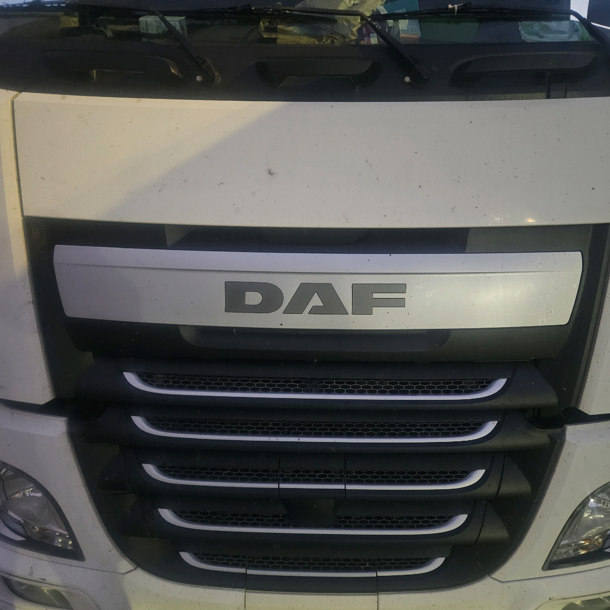 The image shows the front grill of a white DAF truck. The DAF logo is visible in large, grey, block letters centered on a silver strip above the grill. The grill itself is black with horizontal chrome accents. The truck appears to be parked outdoors, as suggested by the lighting and the visible dust and dirt on the vehicle. The scene is a close-up, head-on view of the truck's front. No people or specific urban features of Ventimiglia, Italy are discernible in this image.