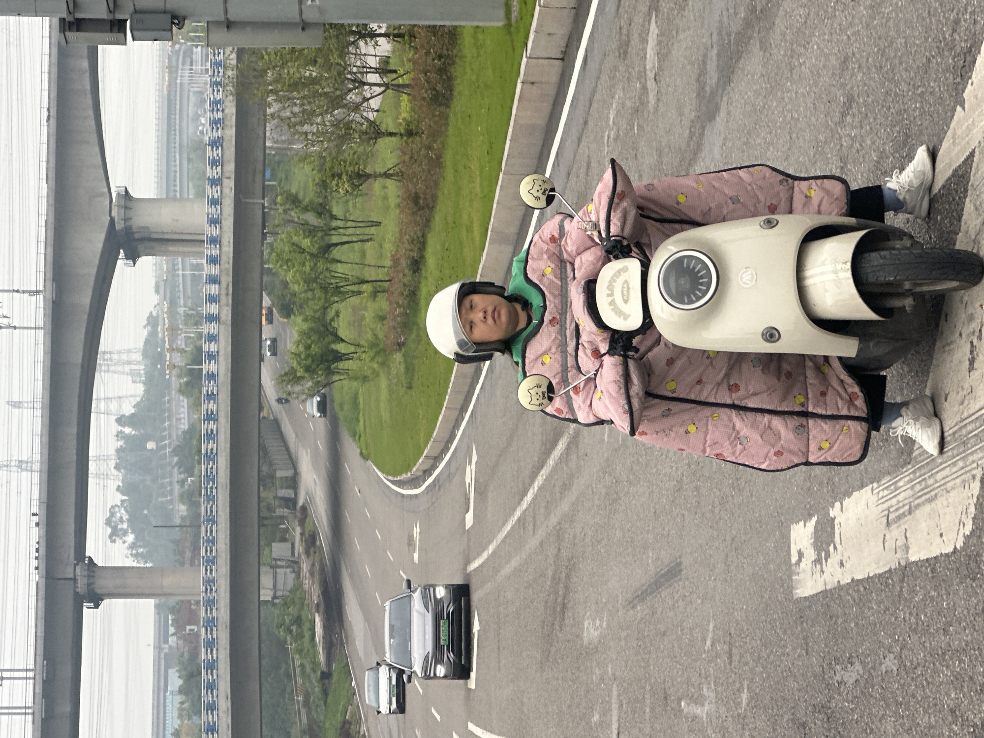 A person wearing a white helmet and a pink quilted blanket is riding a small electric scooter on a gray asphalt road. The scooter has a cream-colored front fairing. The road has white directional arrows painted on it, and at least two cars are traveling in the same direction as the scooter.
On the left side of the image are concrete bridge supports and elevated roadways. On the right side is a grassy area.
Based on the license plate number visible on one of the cars (渝A), the location is in the city of Jiangjin, China.