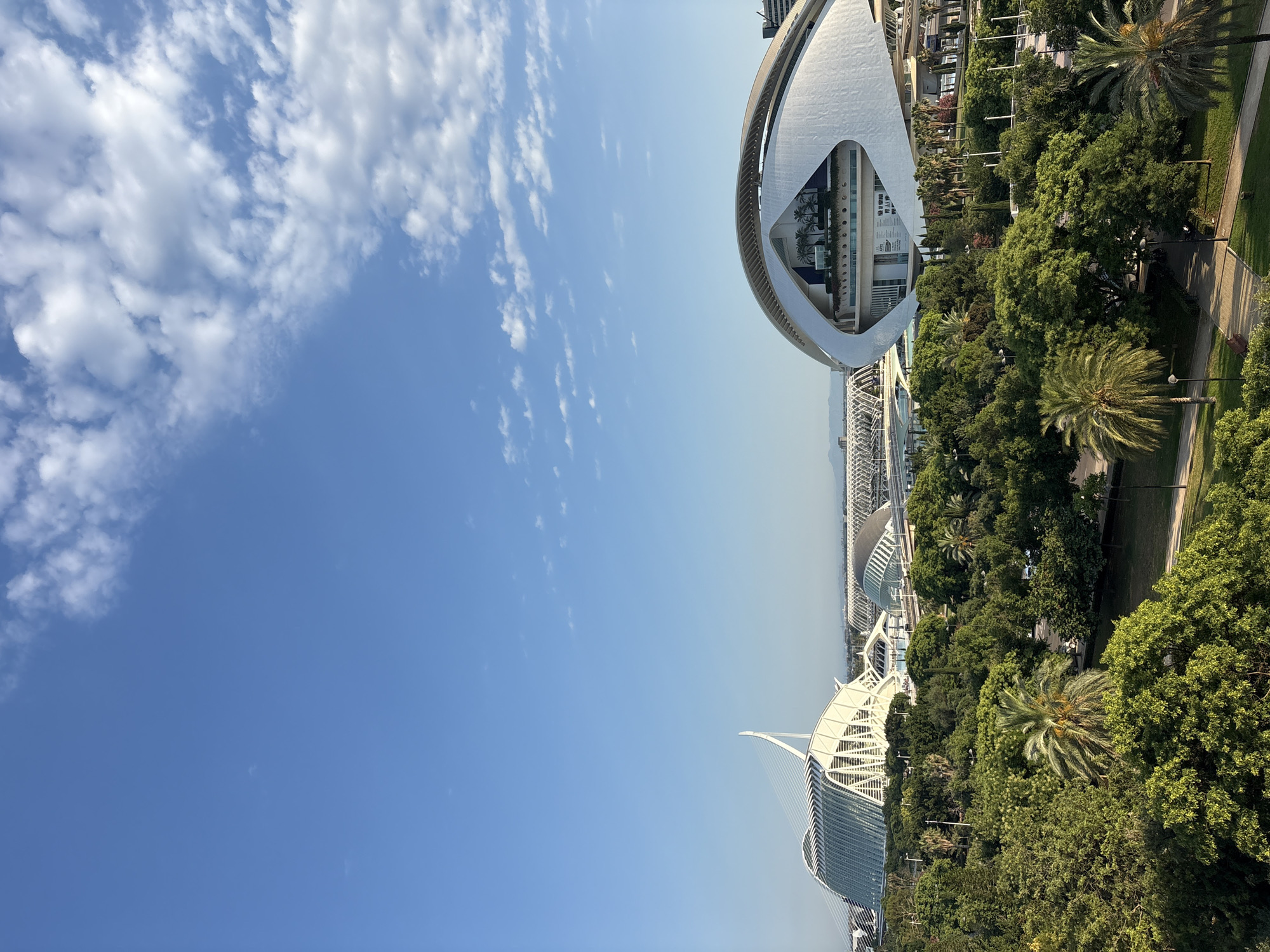 This is a vertical, eye-level, outdoor, daytime photograph of the City of Arts and Sciences in València, Spain. The sky takes up the left two-thirds of the frame, with a bright blue expanse dotted with fluffy white clouds. The right third of the image features the striking architecture of the City of Arts and Sciences. In the upper right, a portion of the L'Hemisfèric is visible, its iconic white, eye-shaped dome contrasting with the blue sky. Below and to the left of L'Hemisfèric, lush green trees and palm trees form a dense canopy, interspersed with pathways and parkland. Further down, the striking white and glass structure of the Palau de les Arts Reina Sofía is visible, its curved roof and intricate supports adding to the futuristic aesthetic. Beyond the main structures, a bridge and distant buildings can be seen. The scene is bathed in bright sunlight, suggesting a clear and warm day. The overall atmosphere is one of modern architectural grandeur set within a vibrant, green urban park. There is no visible text in the image.